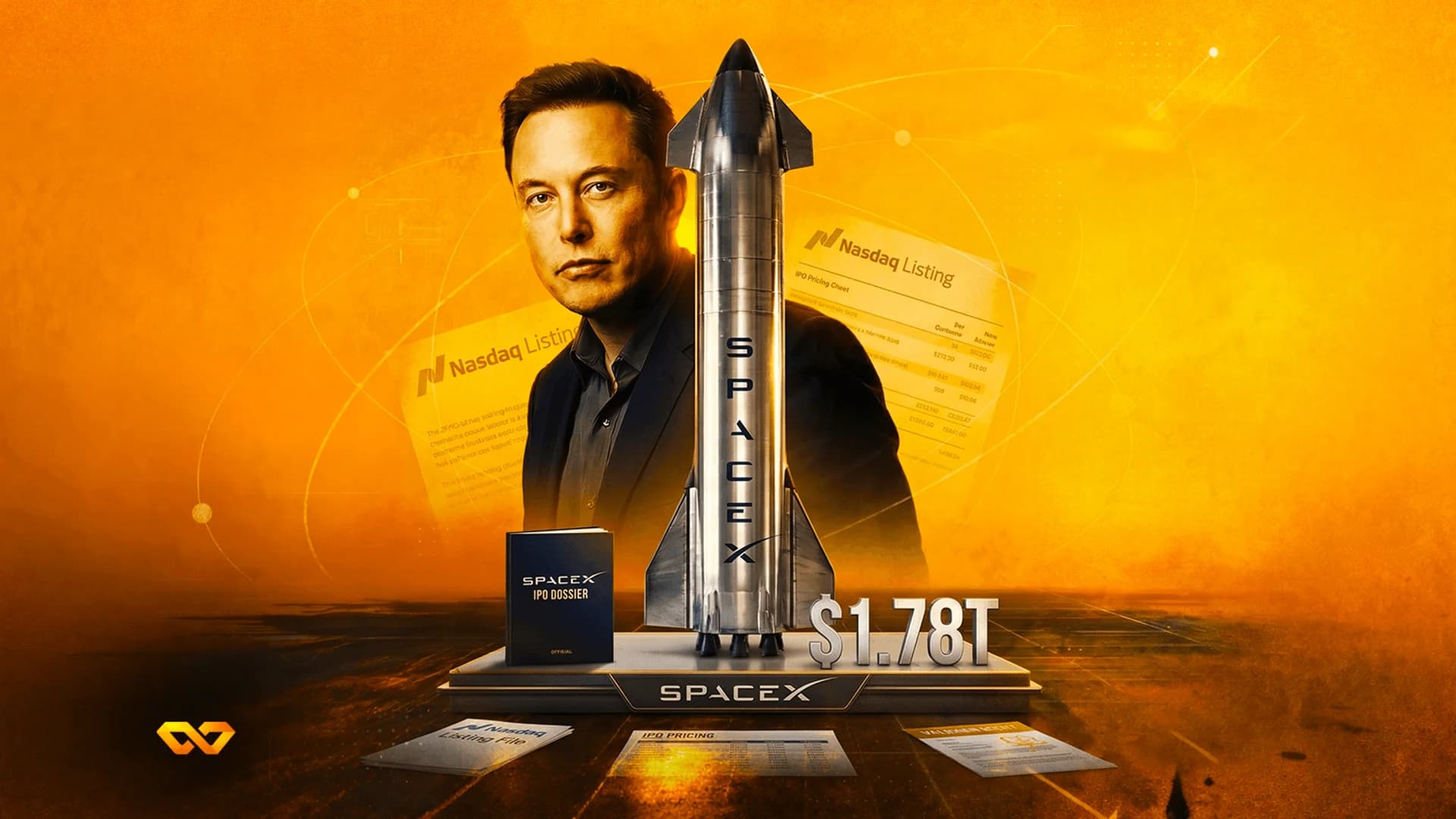 Elon Musk next to a SpaceX Starship rocket and Nasdaq listing documents with a $1.78T valuation figure.