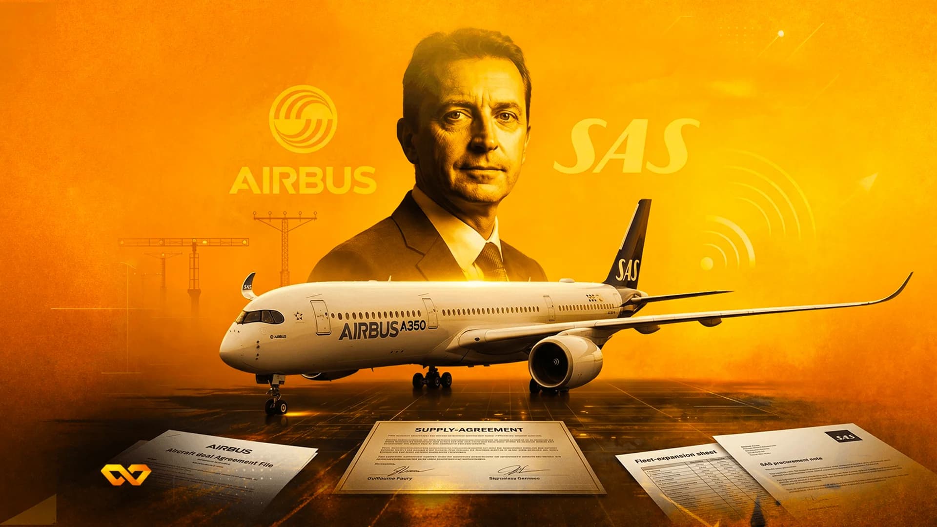 Portrait of a man above an Airbus A350 plane with SAS branding, logos, and business documents on an orange background.