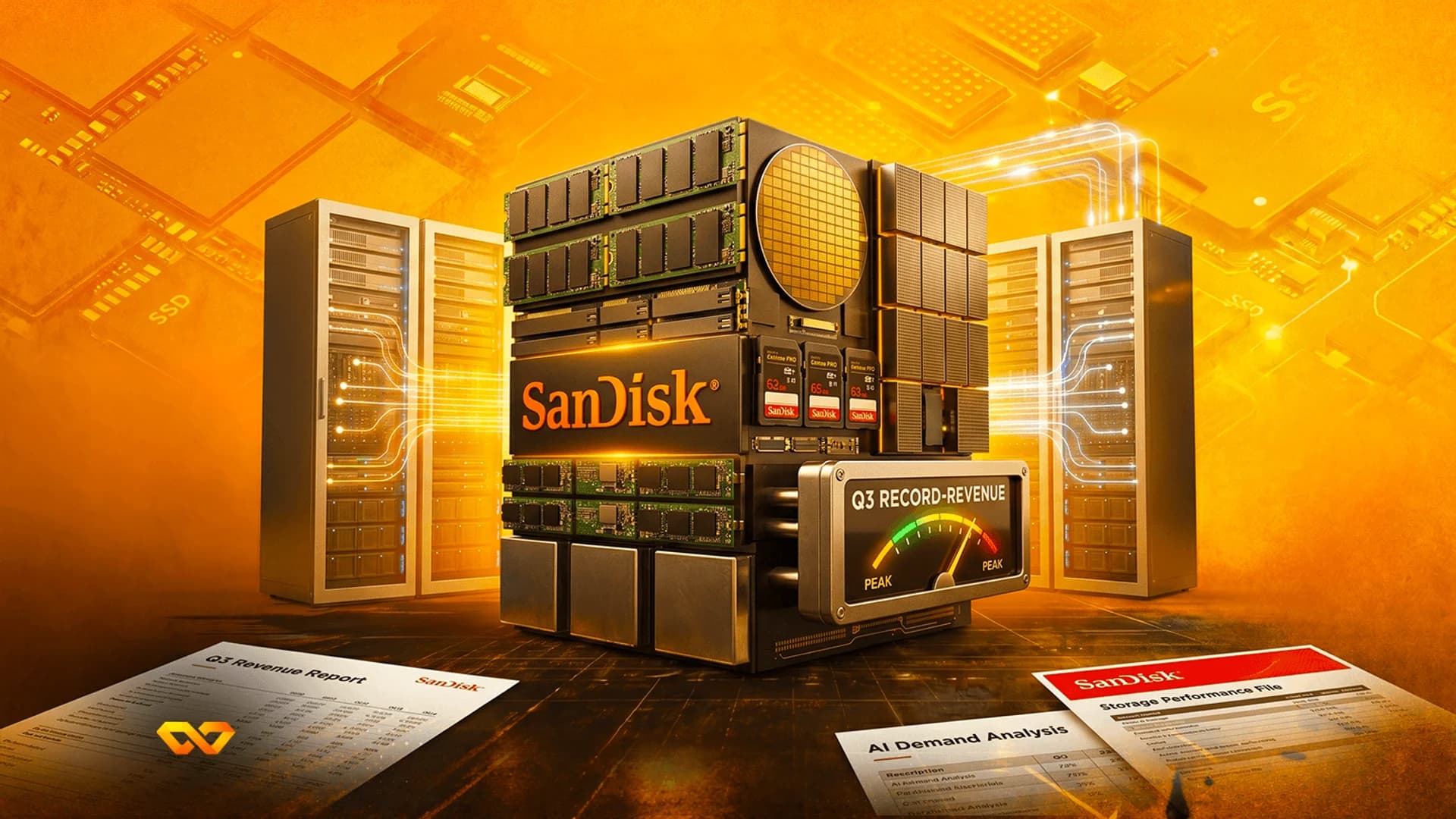 SanDisk server stack with glowing data lines, server racks, and Q3 revenue reports on an orange background.