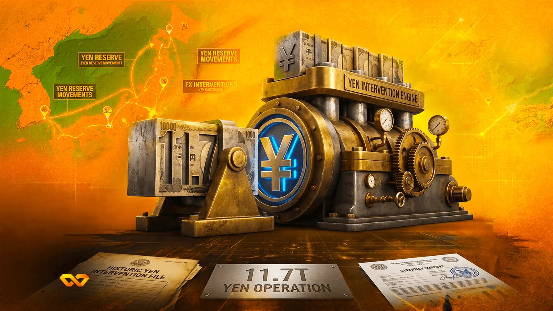 Steampunk machine labeled Yen Intervention Engine with Japanese banknotes, yen symbols, and a map of East Asia.