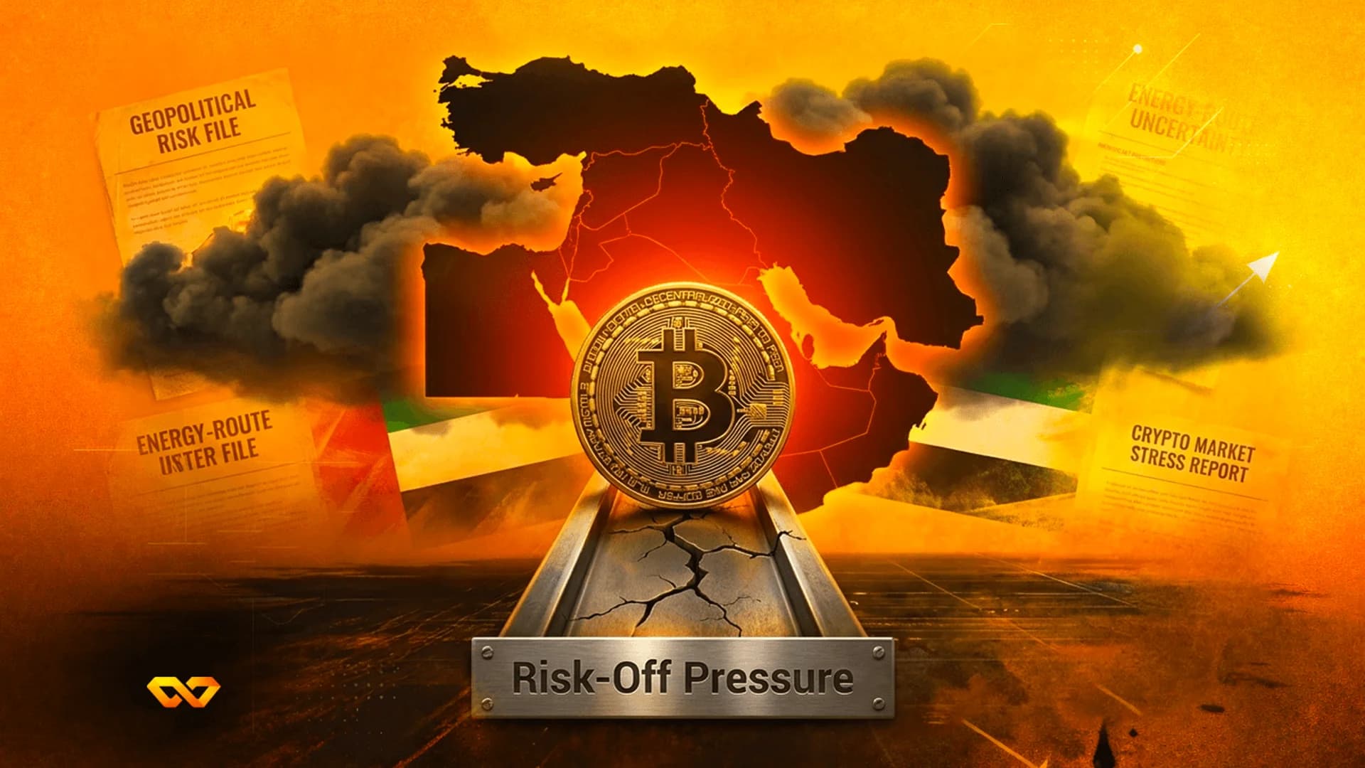 Bitcoin coin on a cracked metal track against a silhouette of the Middle East map and smoke on an orange background.