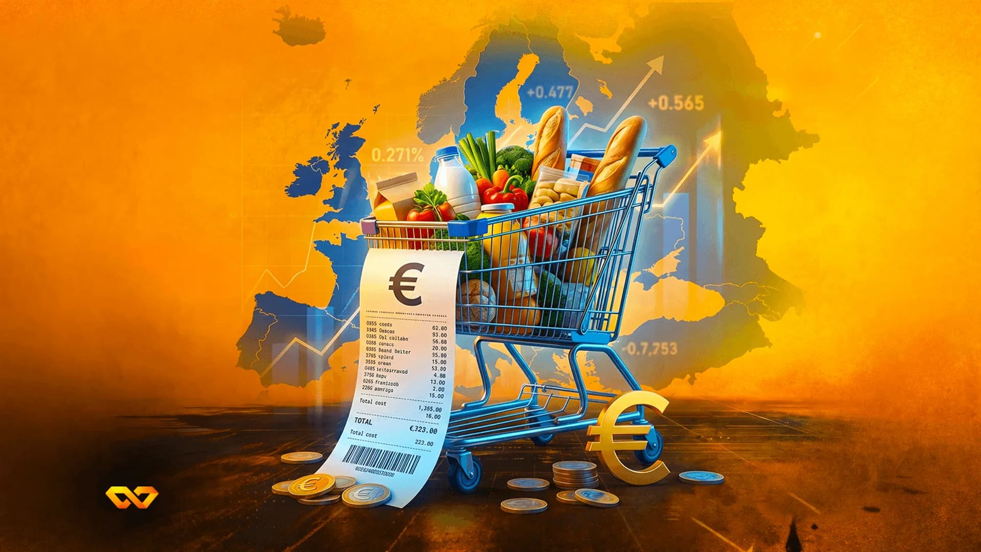 Blue shopping cart with groceries, a long receipt with a Euro symbol, and a map of Europe with a rising line chart.