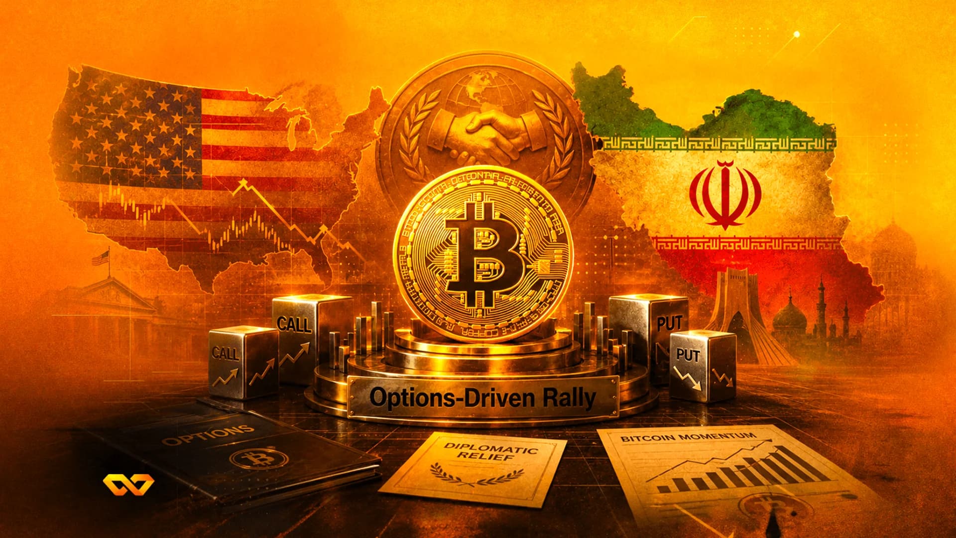 عملة بيتكوين على منصة بين علمي الولايات المتحدة وإيران، مع مكعبات خيارات التداول ورسوم بيانية في المقدمة.