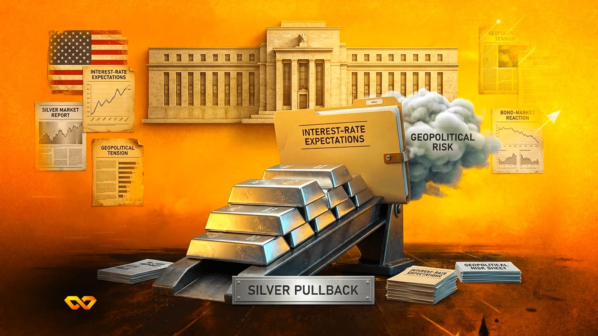 Silver bars on a ramp in front of the Federal Reserve building and a US flag with financial reports.