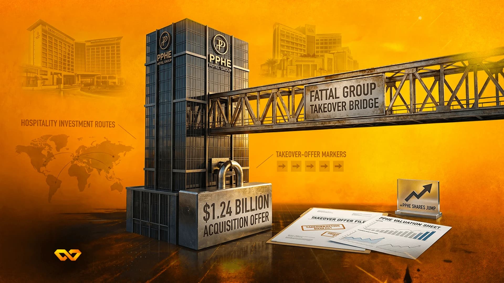Stylized hotel building with PPHE logos, a bridge labeled Fattal Group, and a $1.24 billion acquisition offer padlock.