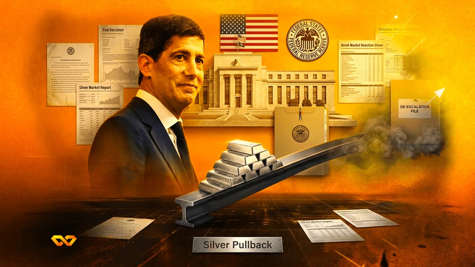 Collage of a man in a suit, the Federal Reserve building, US flag, and silver bars on a metal beam.