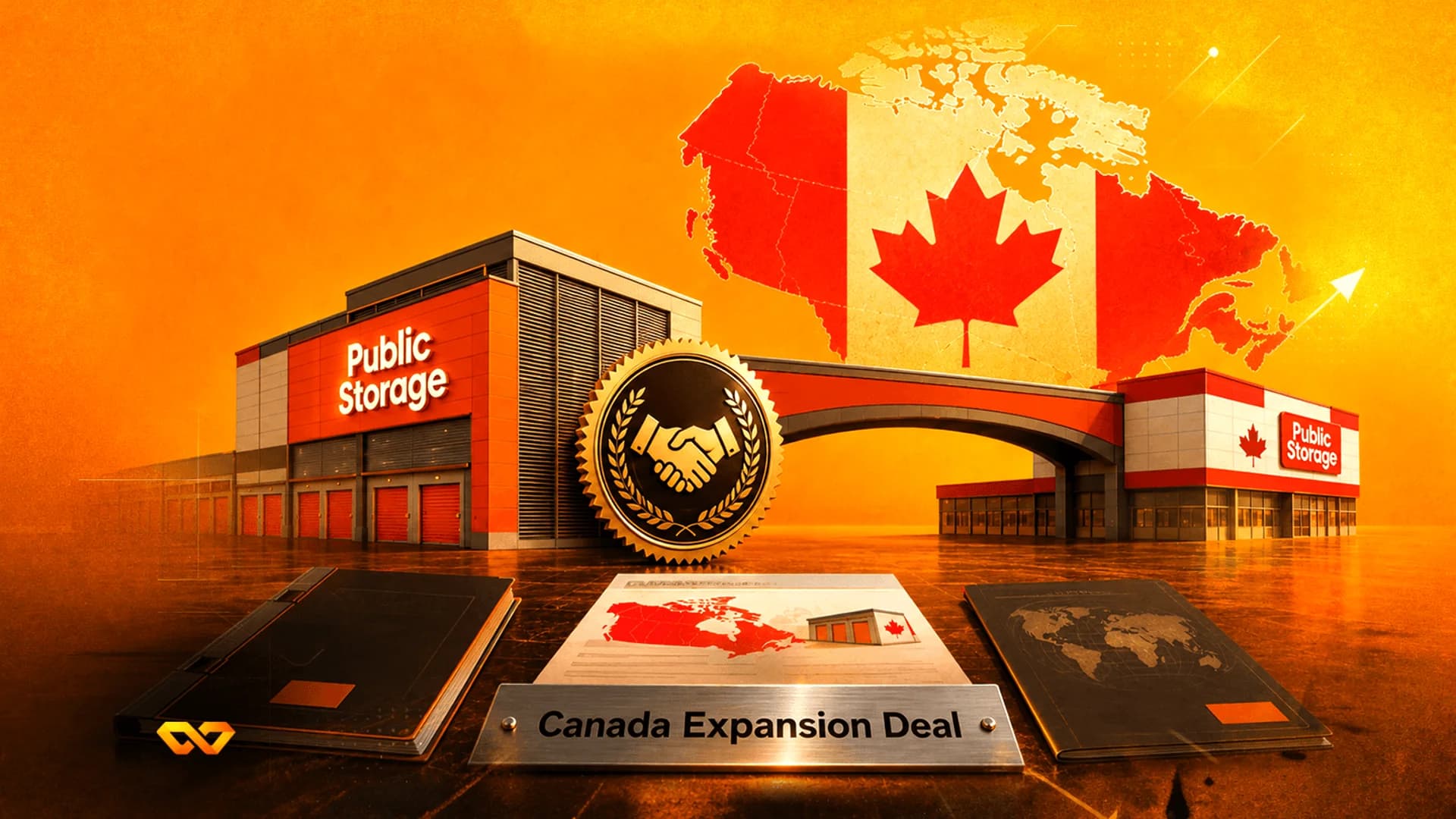 Illustration of a Public Storage building with a Canadian flag map and a 'Canada Expansion Deal' document.
