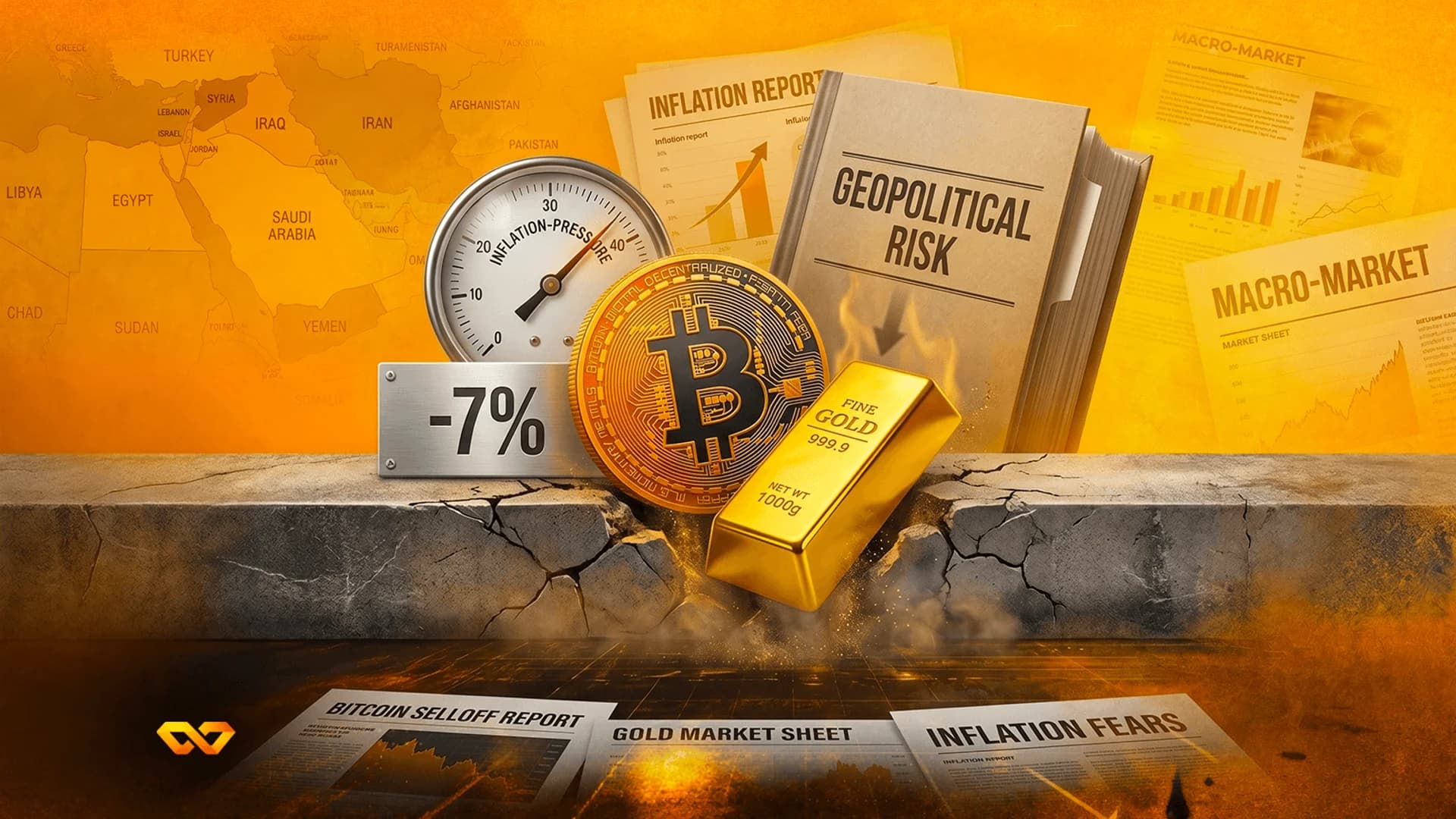 Bitcoin coin, gold bar, and an inflation gauge on a cracked concrete ledge against a Middle East map background.