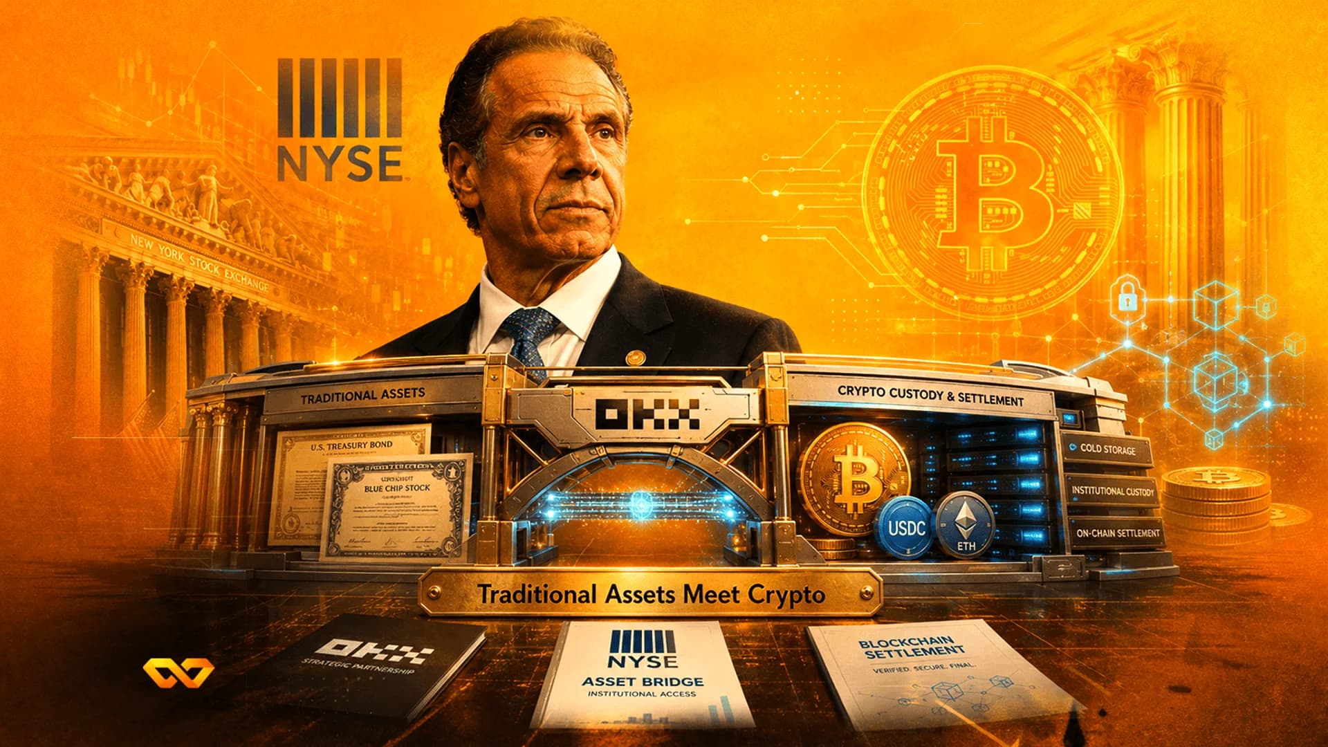 Portrait of Andrew Cuomo over a golden collage of the NYSE building, Bitcoin logo, and OKX branding.
