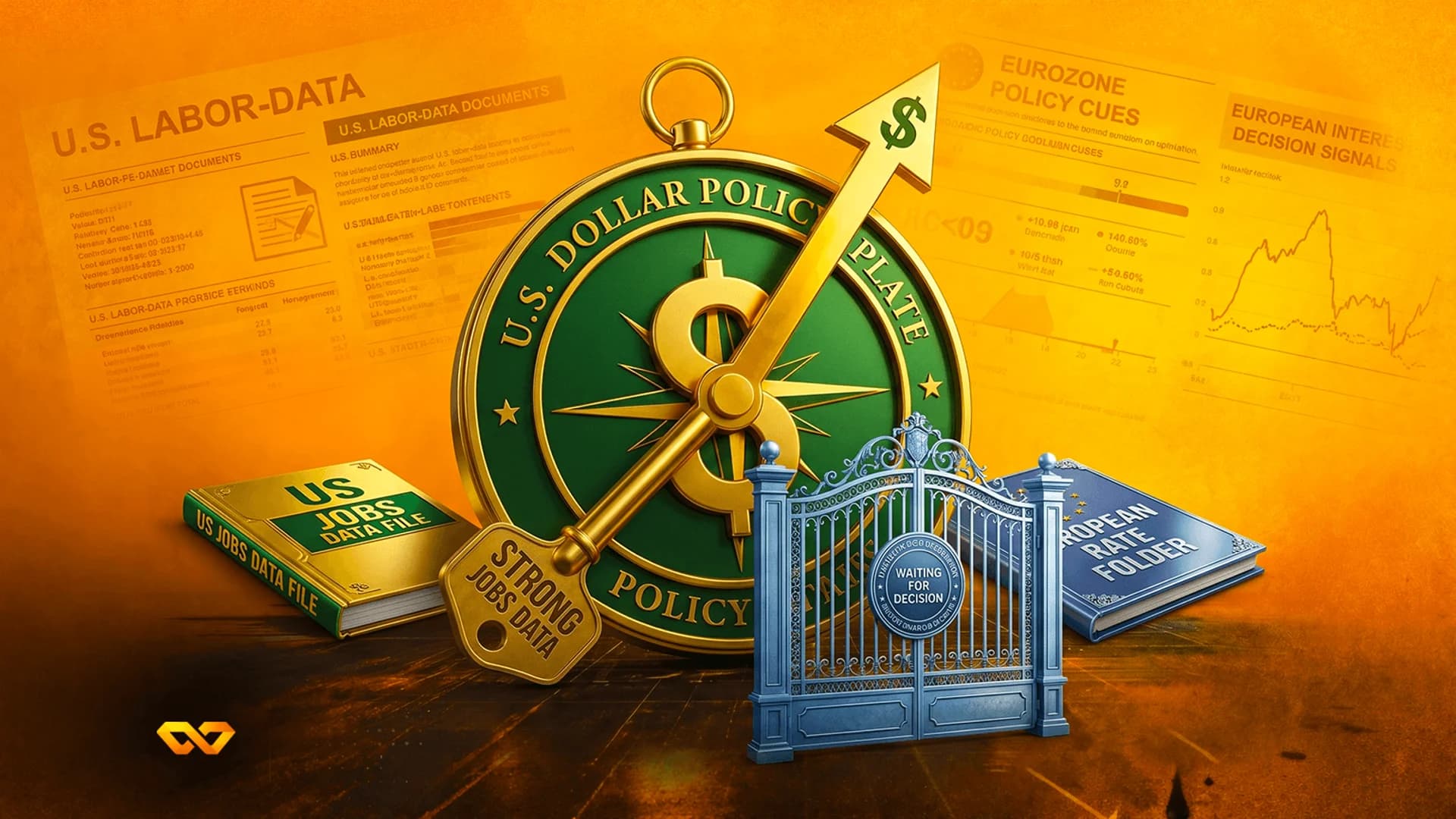 Gold compass labeled U.S. Dollar Policy Plate with an upward arrow, a key, a gate, and financial documents.