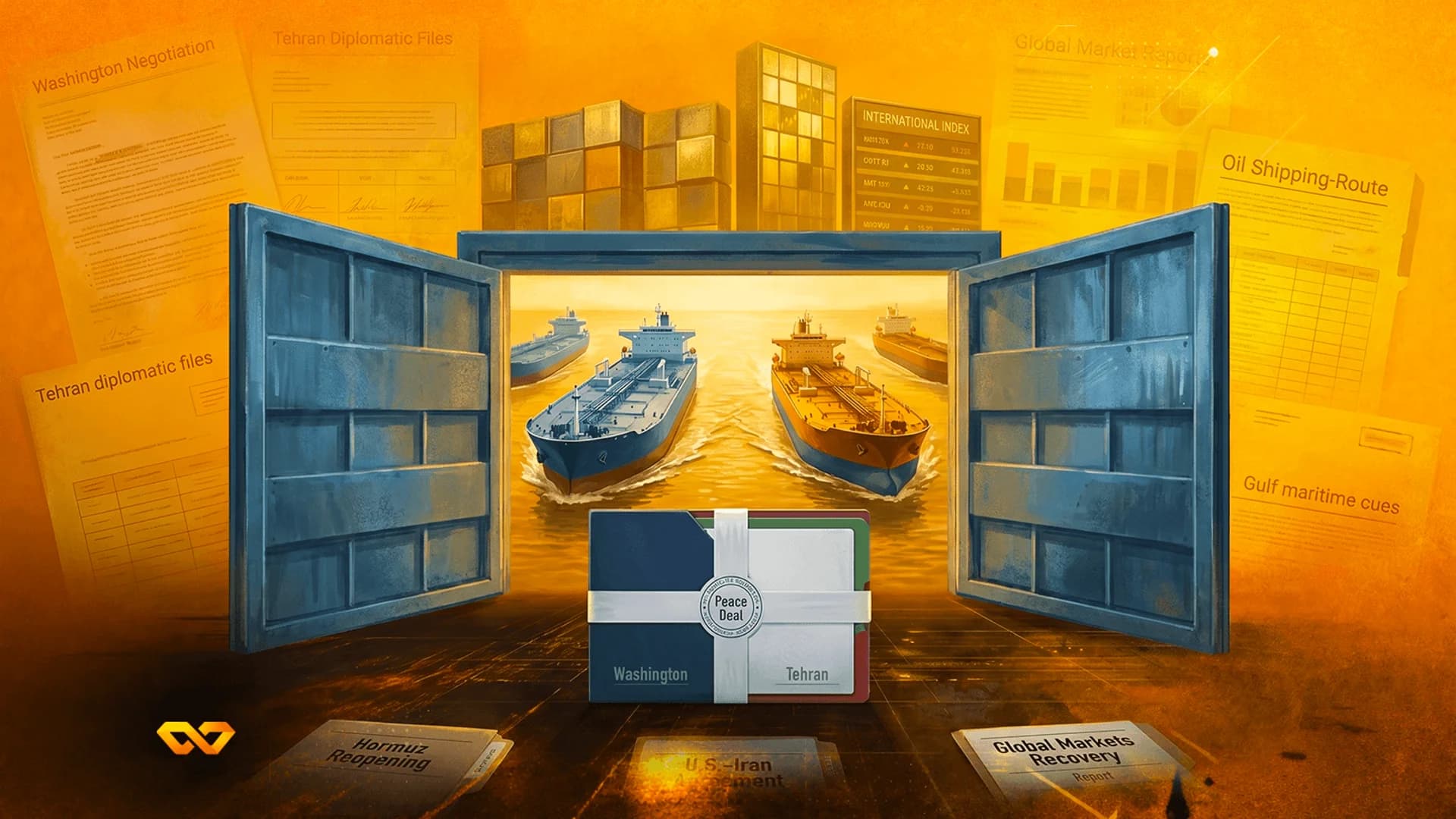 Illustration of a peace deal document between Washington and Tehran with oil tankers sailing through open container doors.