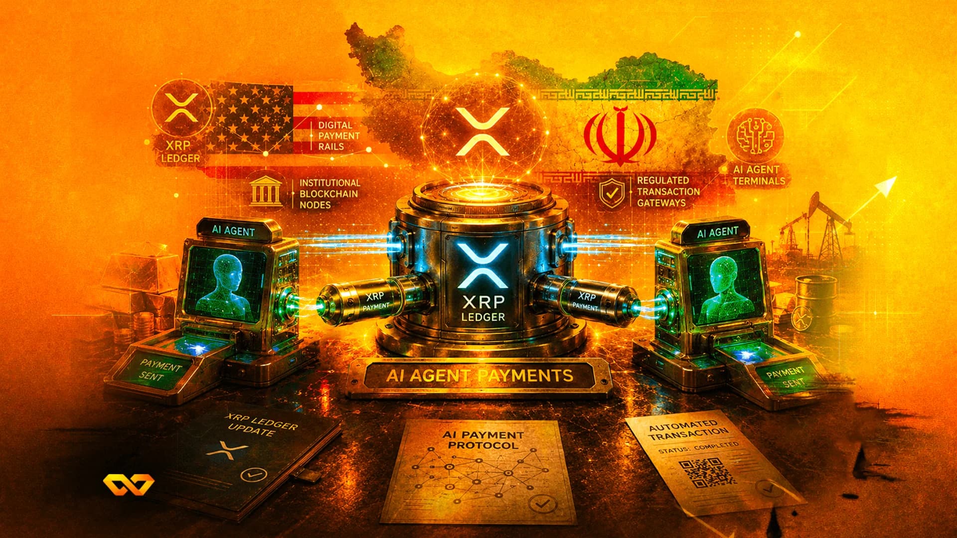 آلة سجل XRP مركزية بين شاشتي وكيل ذكاء اصطناعي مع علمي الولايات المتحدة وإيران في الخلفية، لوحة ألوان برتقالية.