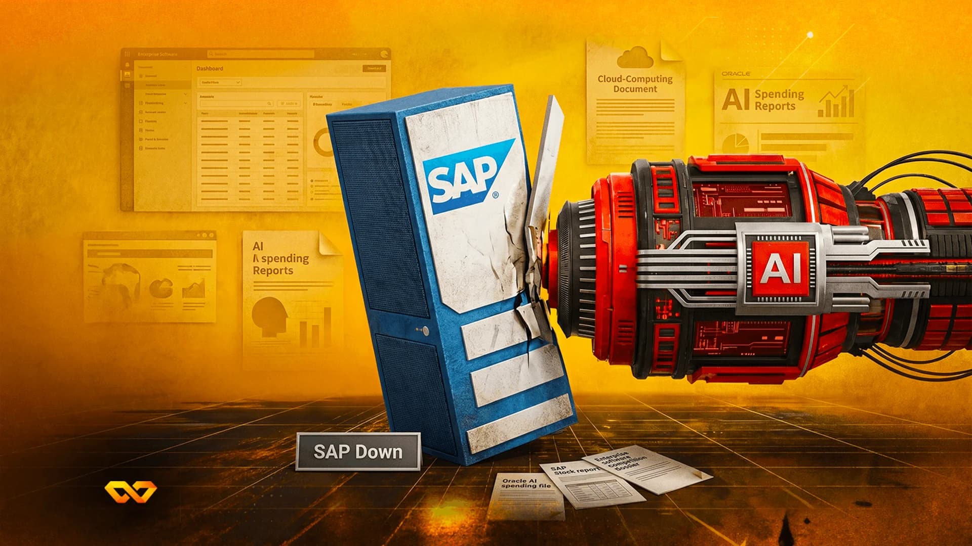 A red mechanical arm with an AI logo punches a blue server tower featuring the SAP logo.