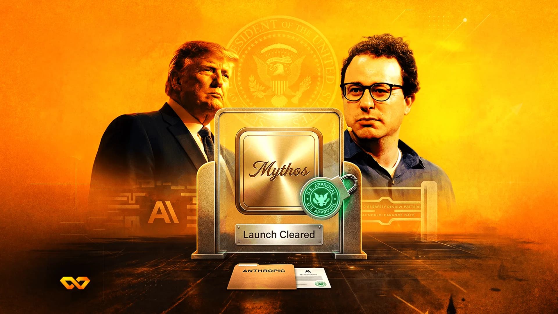 Portraits of Donald Trump and Dario Amodei flanking a 'Mythos' plaque with a U.S. approval seal on an orange background.