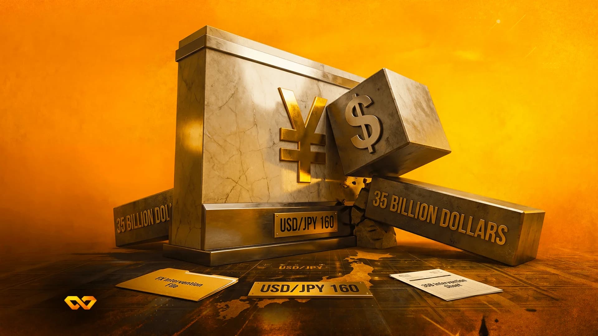 Marble Yen symbol block hit by a Dollar block, with 35 Billion Dollars bars and FX intervention documents.