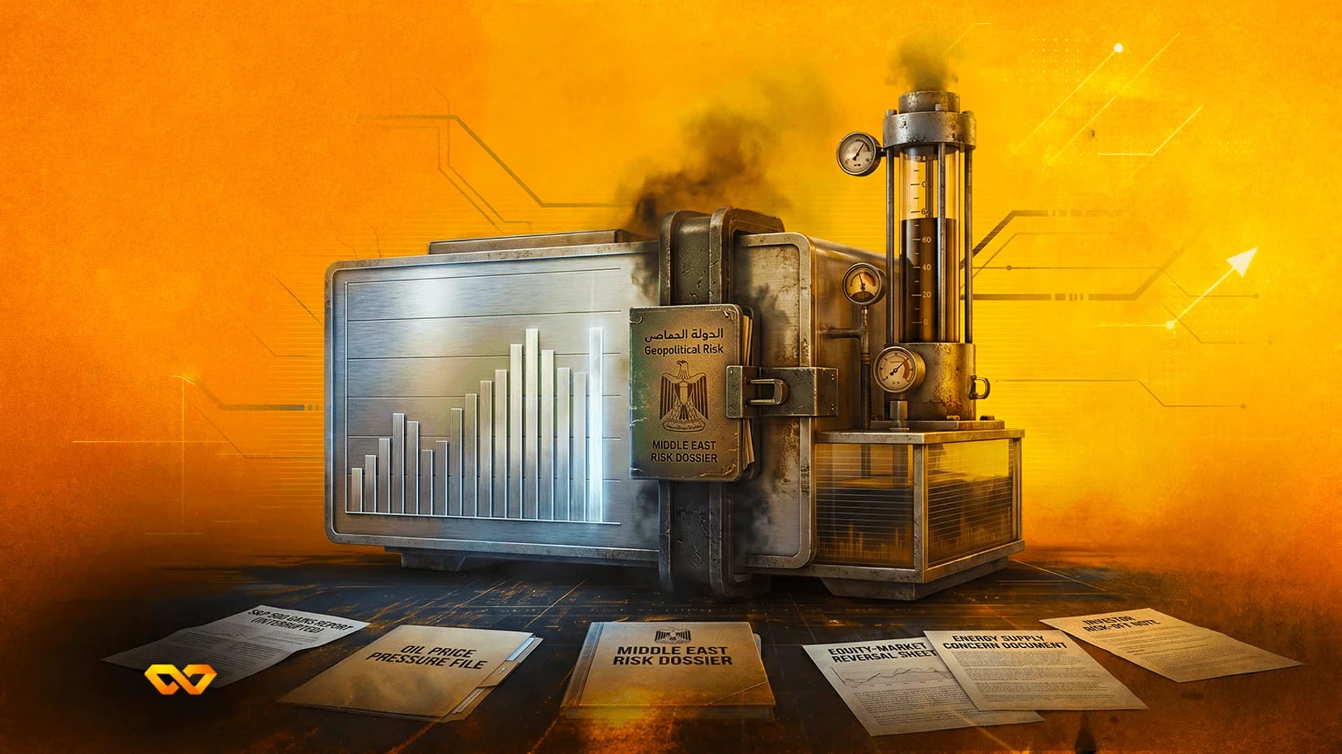 A smoking industrial machine with a bar chart on its side, surrounded by financial documents on a dark floor.