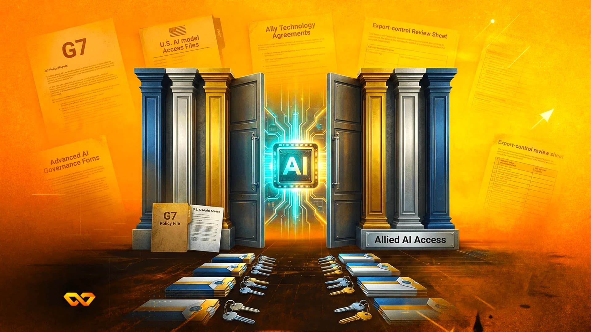 Conceptual illustration of open doors revealing a glowing AI chip, surrounded by policy documents and keys.