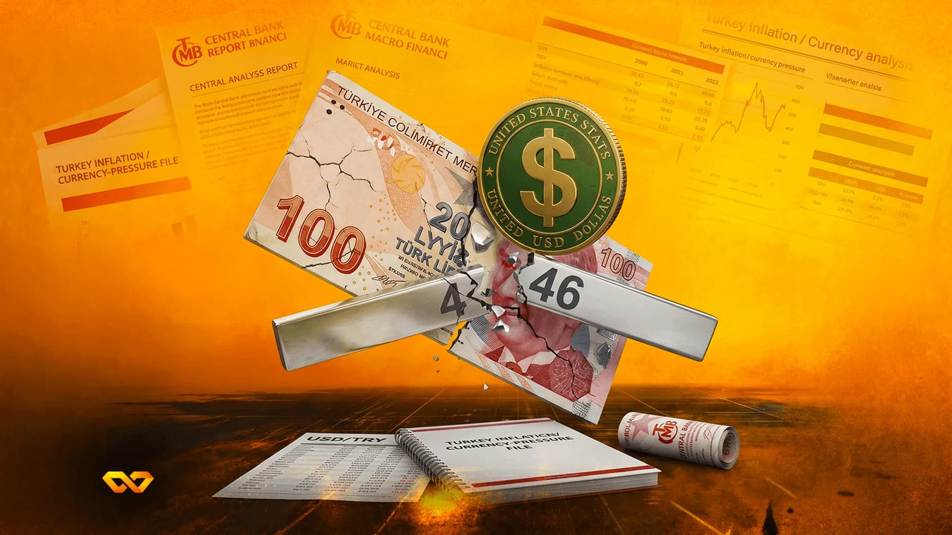 ورقة نقدية ممزقة من فئة 100 ليرة تركية خلف عملة دولار خضراء وقضيب معدني مكسور، محاطة بتقارير مالية.