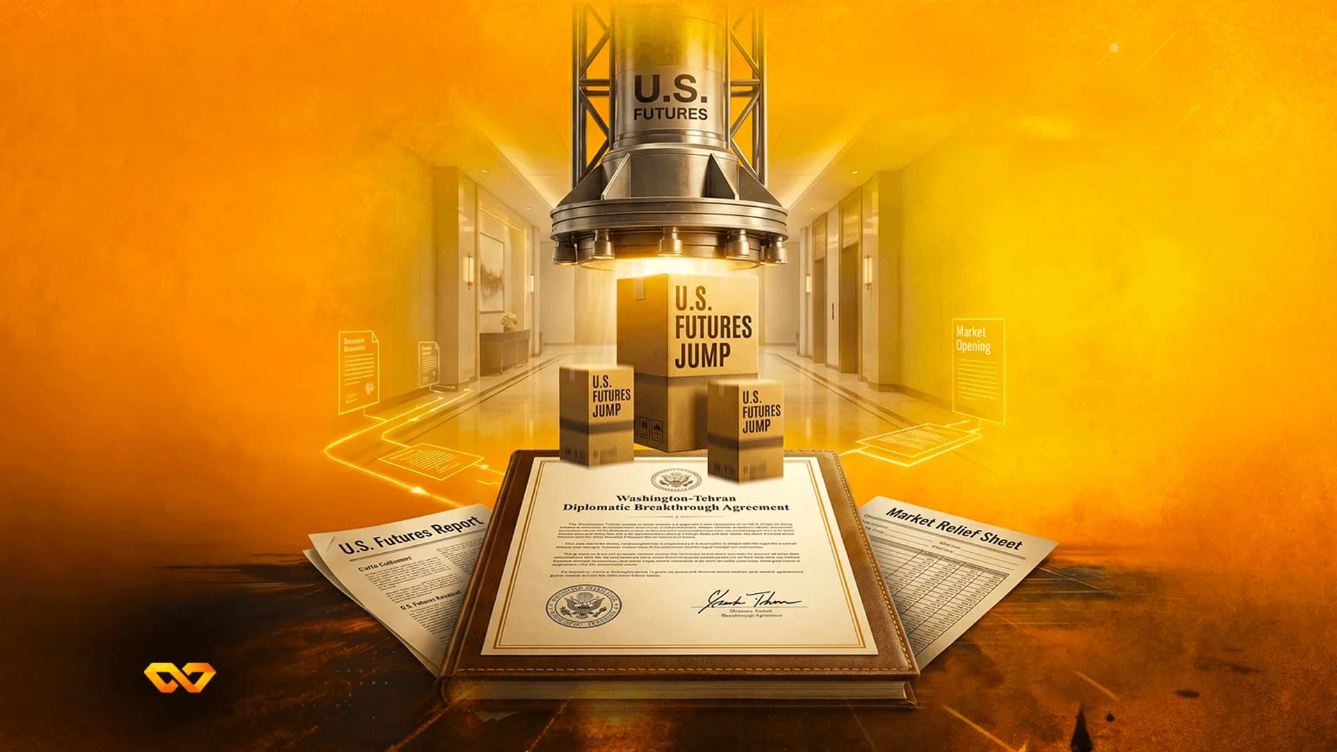 Metallic cylinder labeled U.S. FUTURES descends onto boxes above a signed diplomatic agreement in an orange hallway.