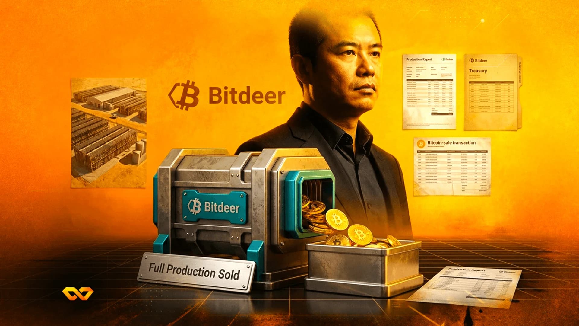 صورة لرجل بجانب شعار Bitdeer، وعملات بيتكوين تخرج من آلة، ووثائق مالية على خلفية برتقالية.
