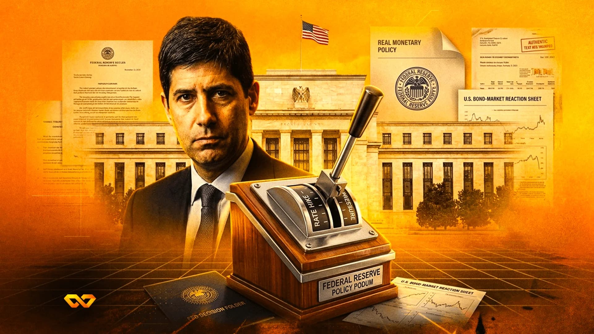 Man in suit beside a 'Rate Hike' lever with the Federal Reserve building and US flag in the background.