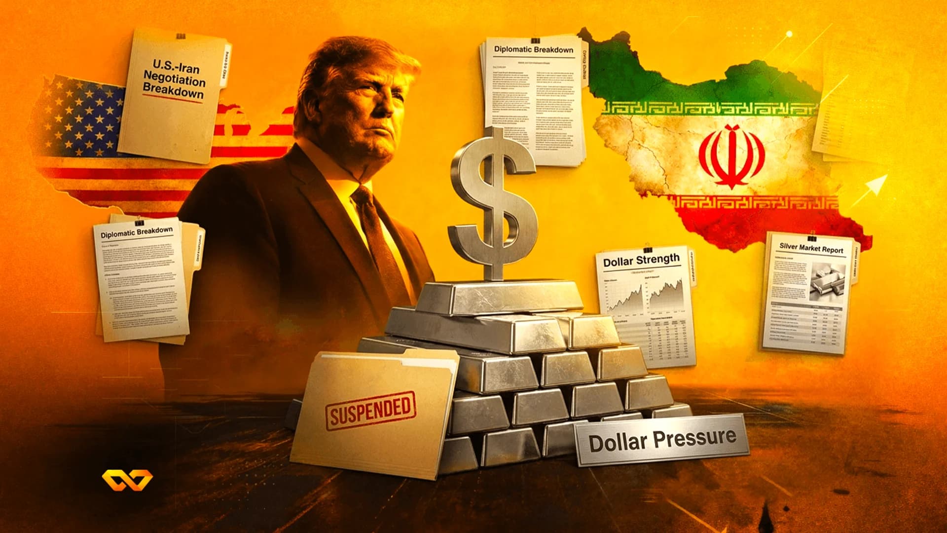 Collage of Donald Trump, US and Iran flags, silver bars, a dollar sign, and documents about diplomatic breakdowns.