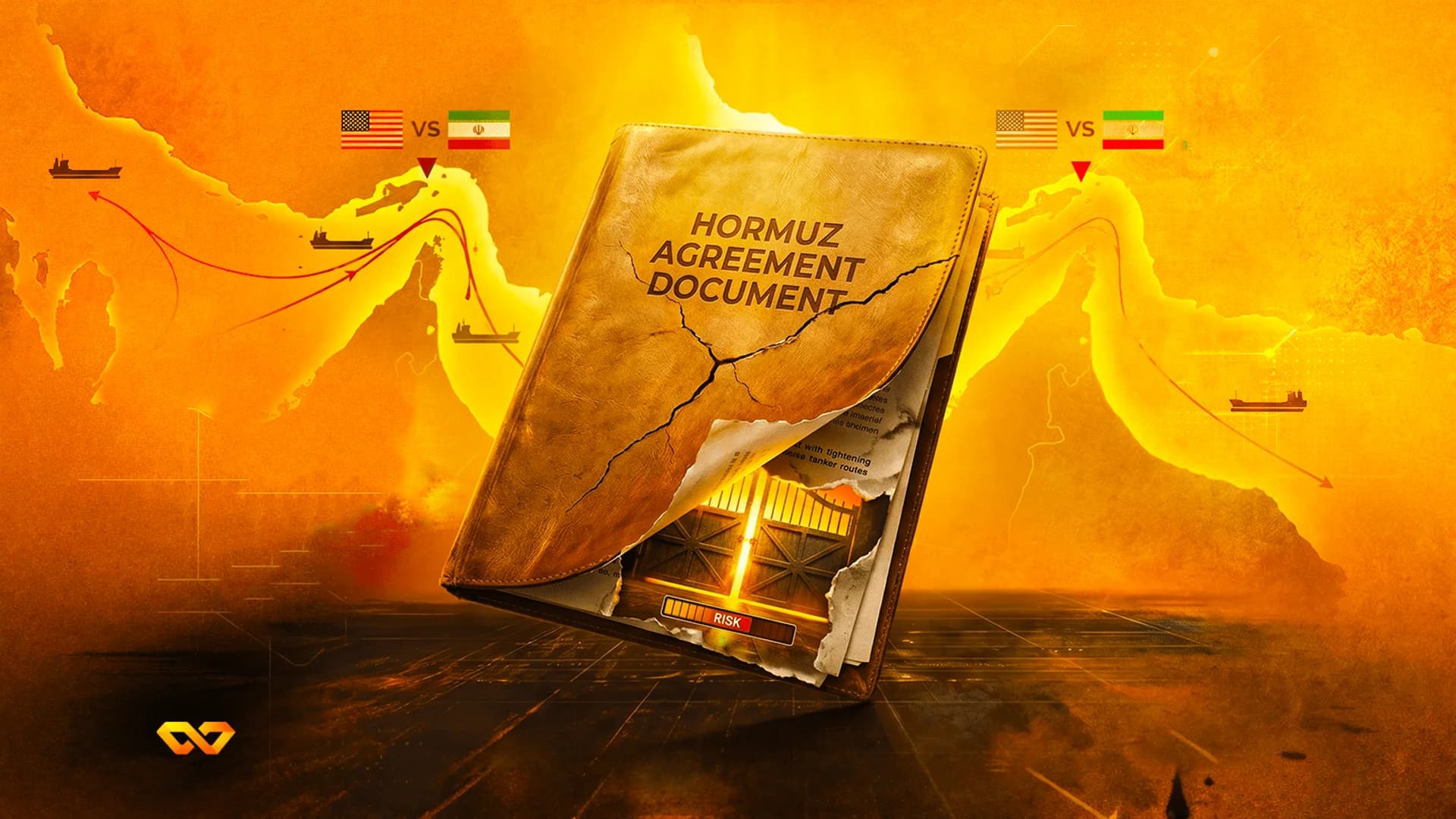 A cracked leather book titled Hormuz Agreement Document over an orange map of the Strait of Hormuz with US and Iran flags.
