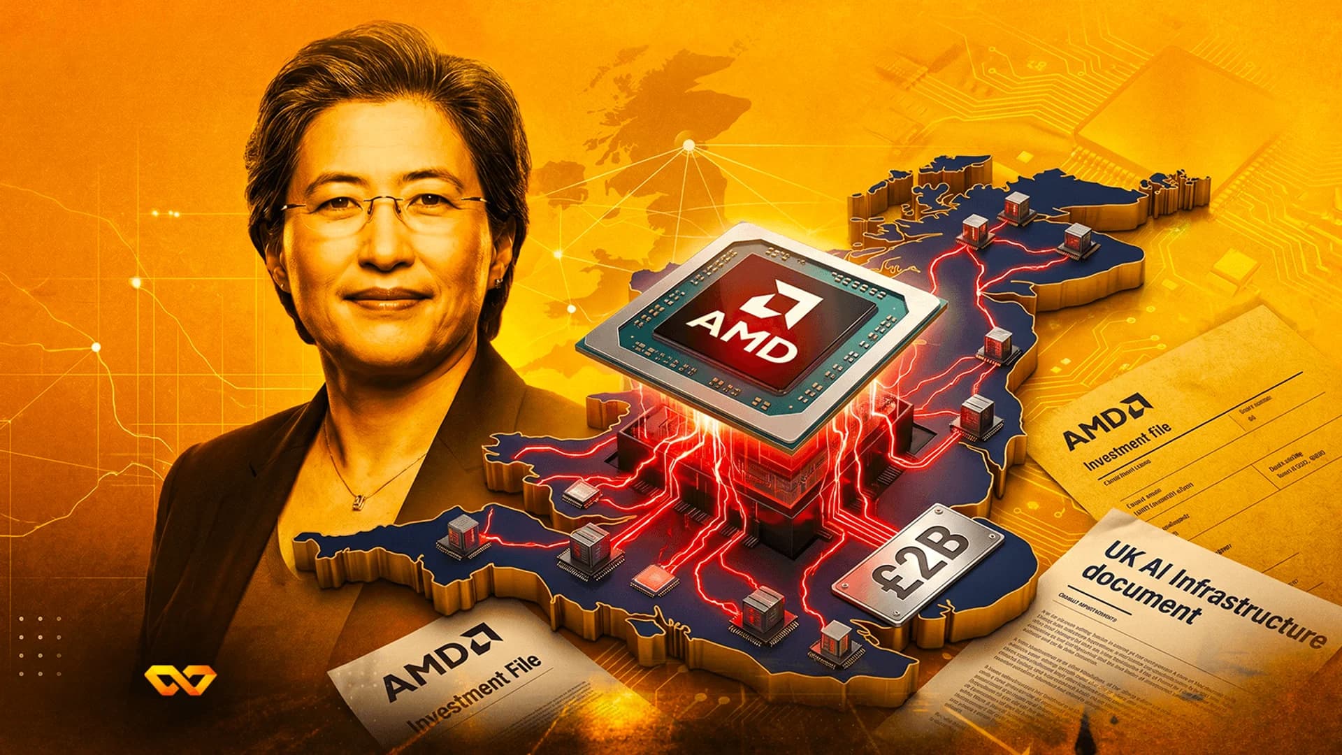 Portrait of Lisa Su beside an AMD processor on a UK map, with investment documents and a £2B plaque.