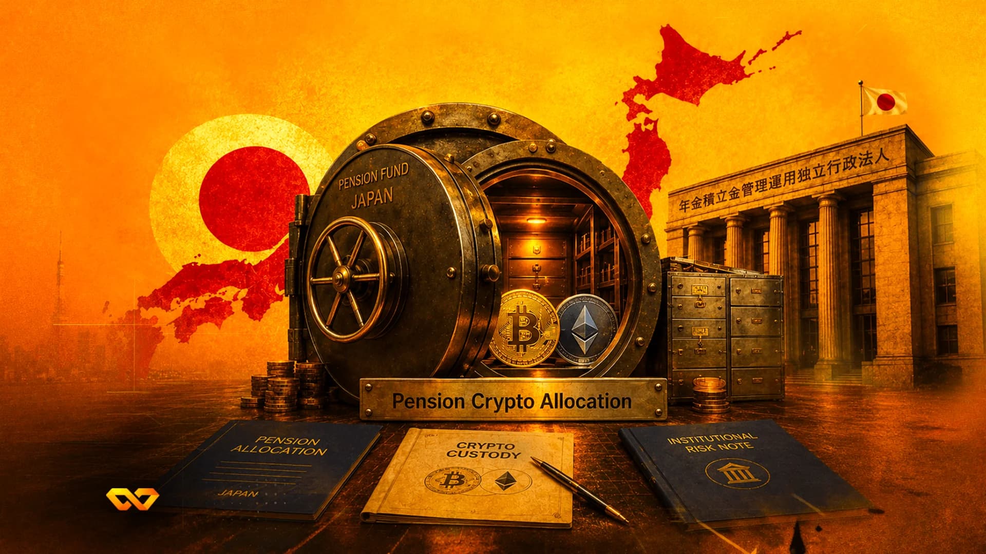 A vault labeled Pension Fund Japan open to reveal Bitcoin and Ethereum coins, with documents on a desk in front.