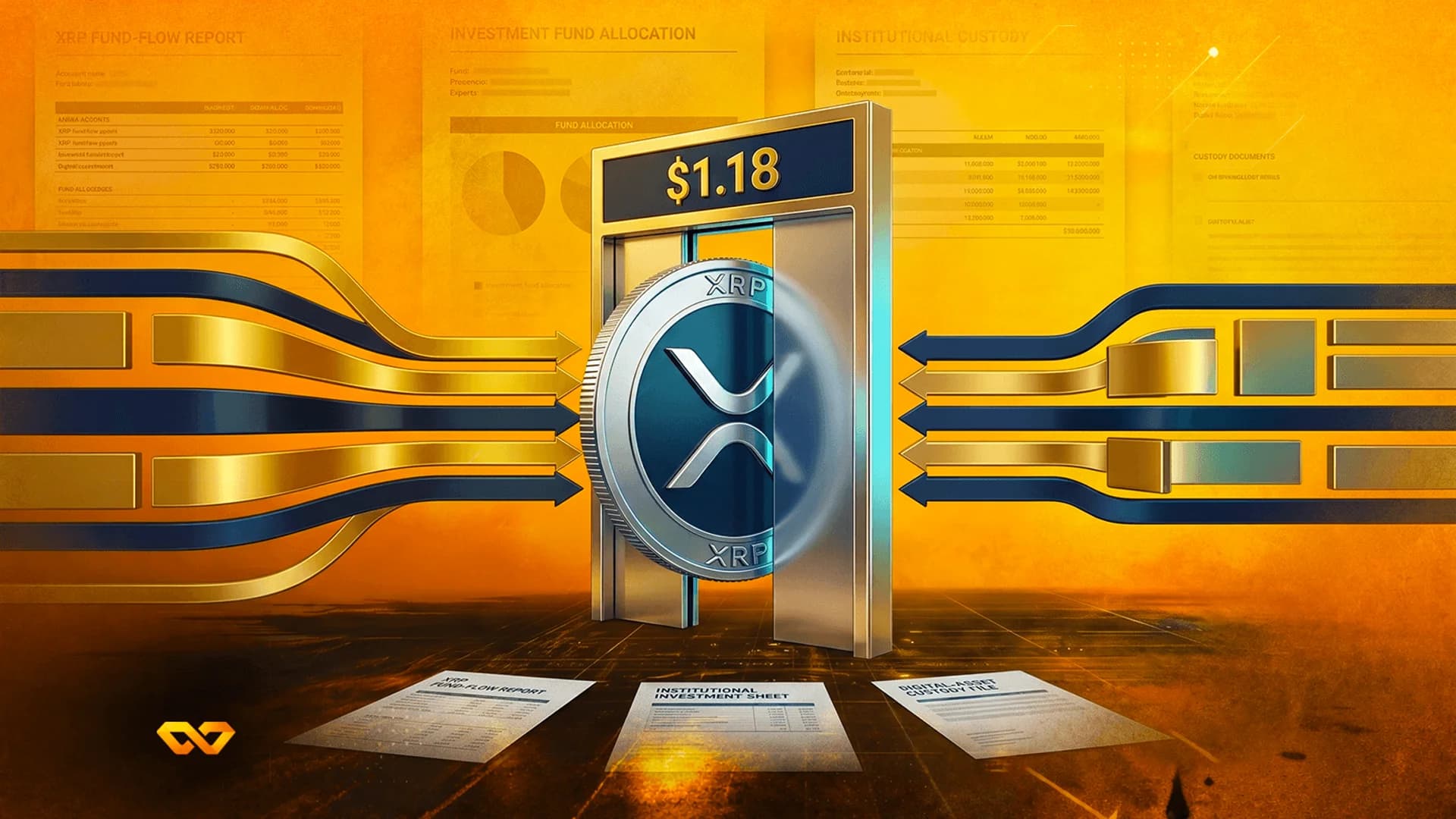 عملة XRP فضية تقف في إطار معدني يعرض 1.18 دولار، محاطة بتقارير مالية وأسهم متدفقة.