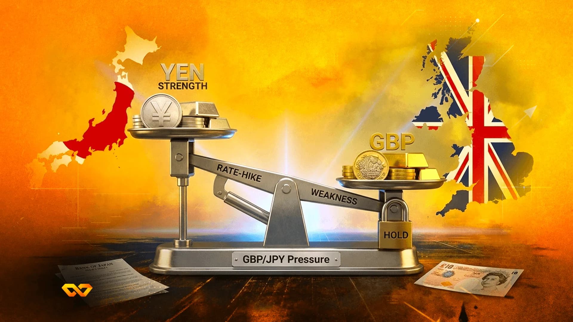 Balance scale with Yen and GBP coins, gold bars, and maps of Japan and the UK on an orange background.
