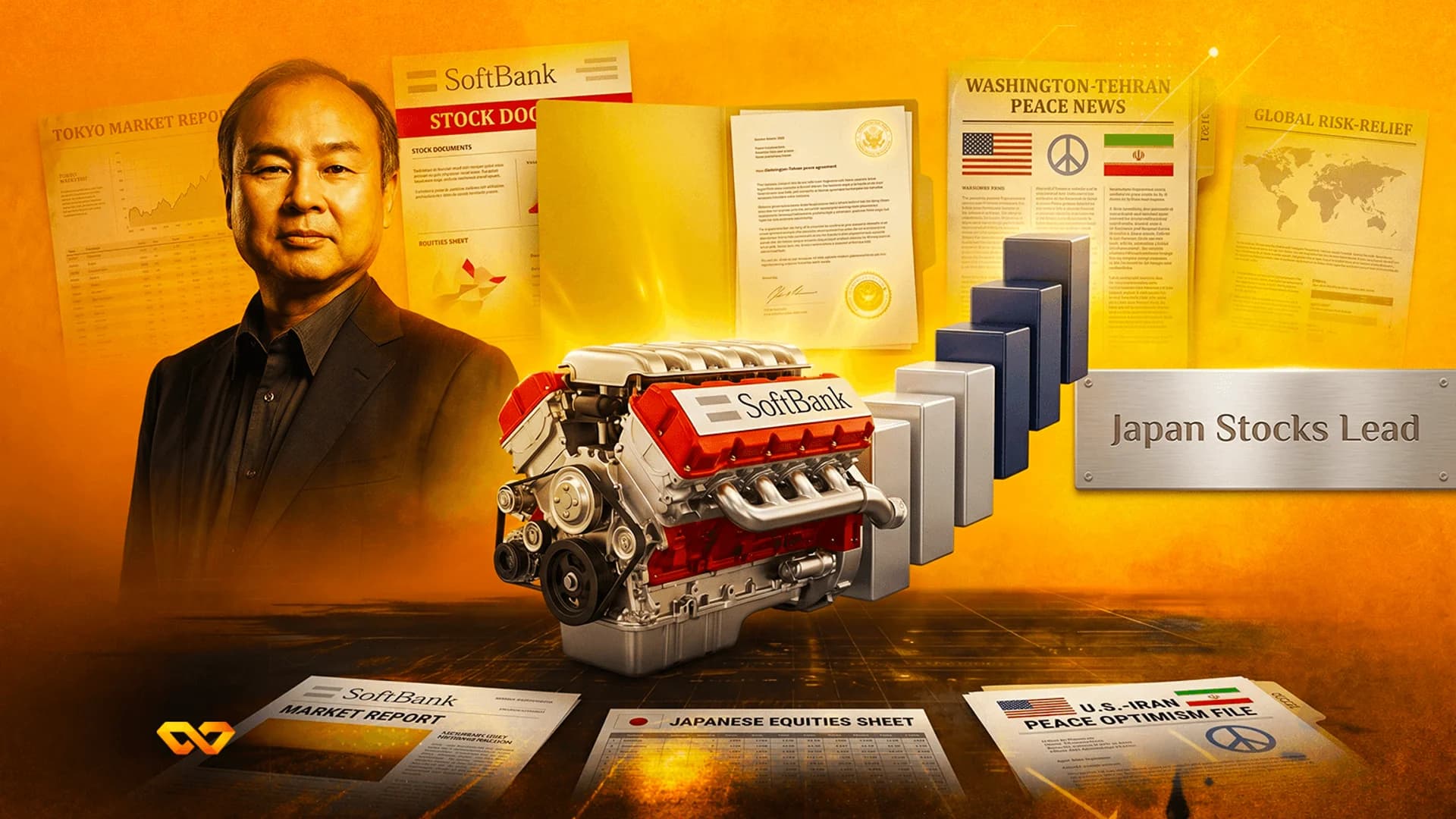 Digital collage of Masayoshi Son, a SoftBank-branded engine, bar charts, and financial documents on an orange background.