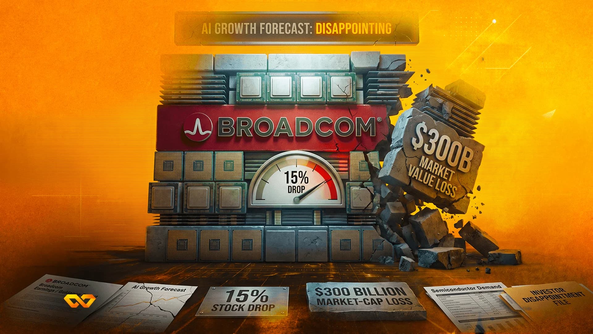 Broadcom logo on a wall of computer chips with a gauge showing a 15% drop and crumbling stone blocks.