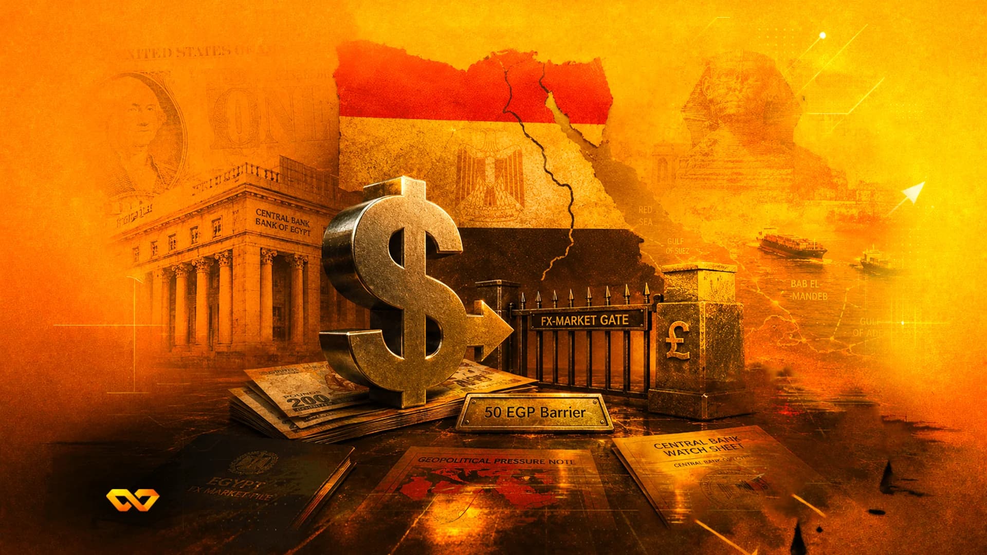 3D dollar sign pointing to a gate labeled FX-MARKET GATE against a background of the Egyptian flag and Sphinx.