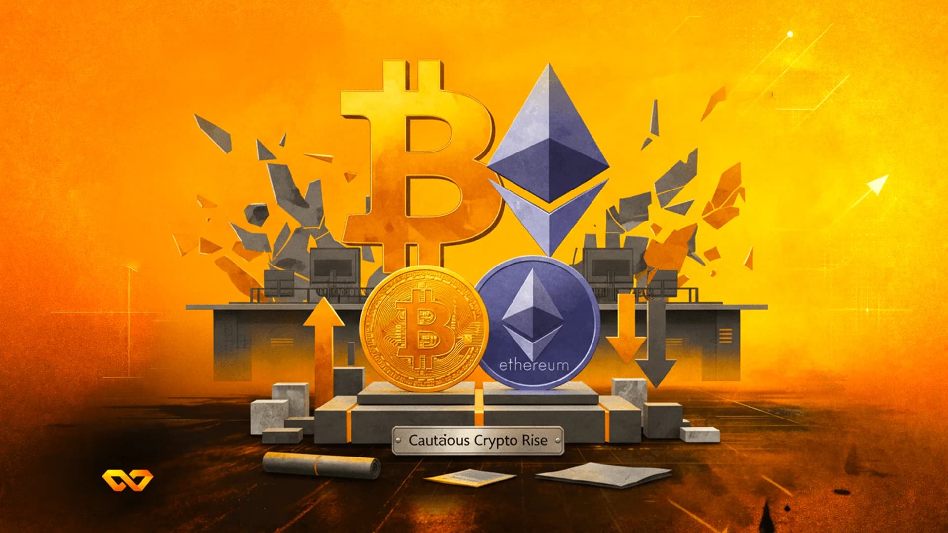 رموز بيتكوين وإيثيريوم على منصة مع أسهم صاعدة وهابطة على خلفية برتقالية.