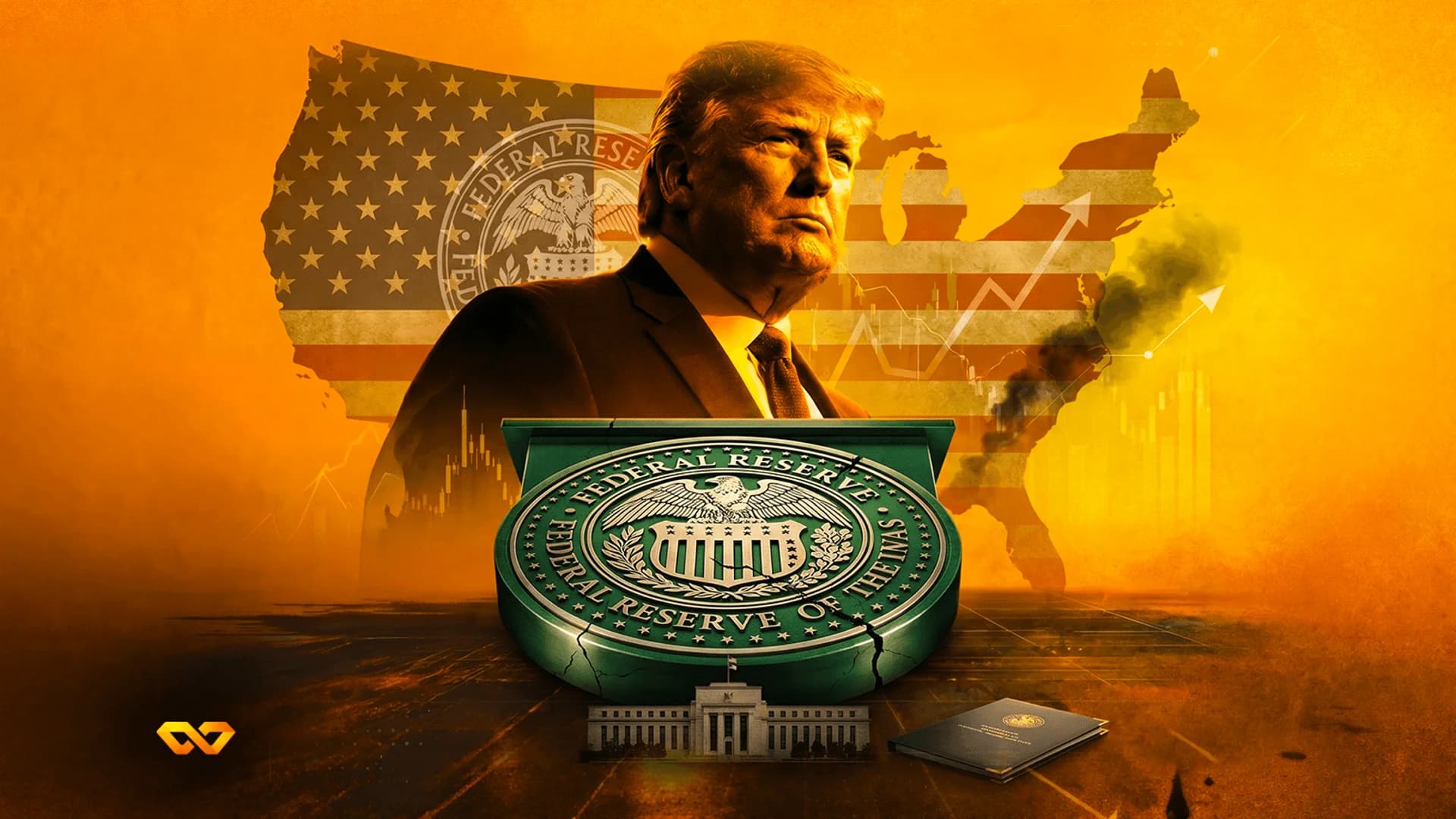 Donald Trump portrait over a US flag map with a cracked Federal Reserve seal and building on an orange background.