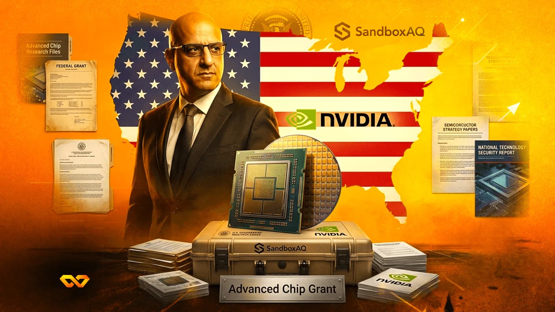 Illustration of a man in a suit with a US flag map, NVIDIA logo, semiconductor chips, and government grant papers.