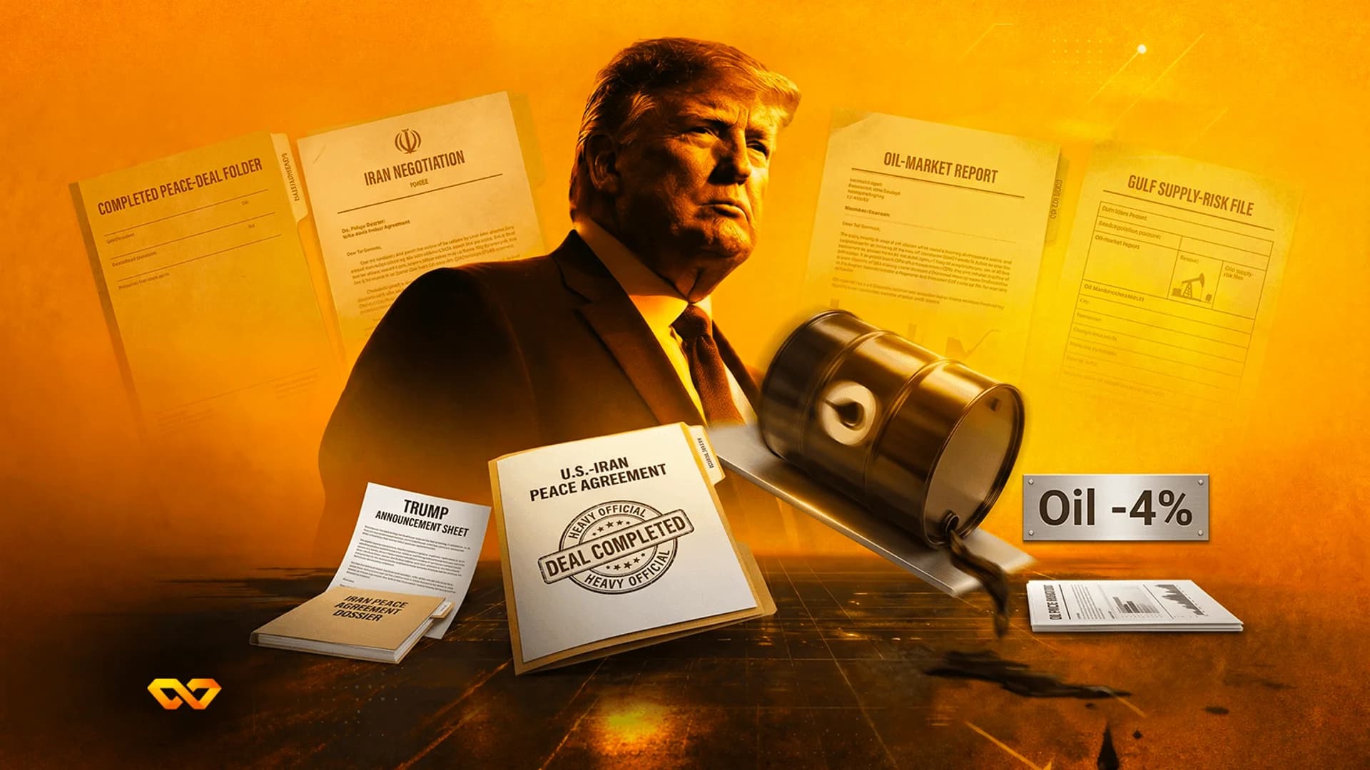 Illustration of Donald Trump with Iran negotiation documents and a spilling oil barrel next to an Oil -4% sign.