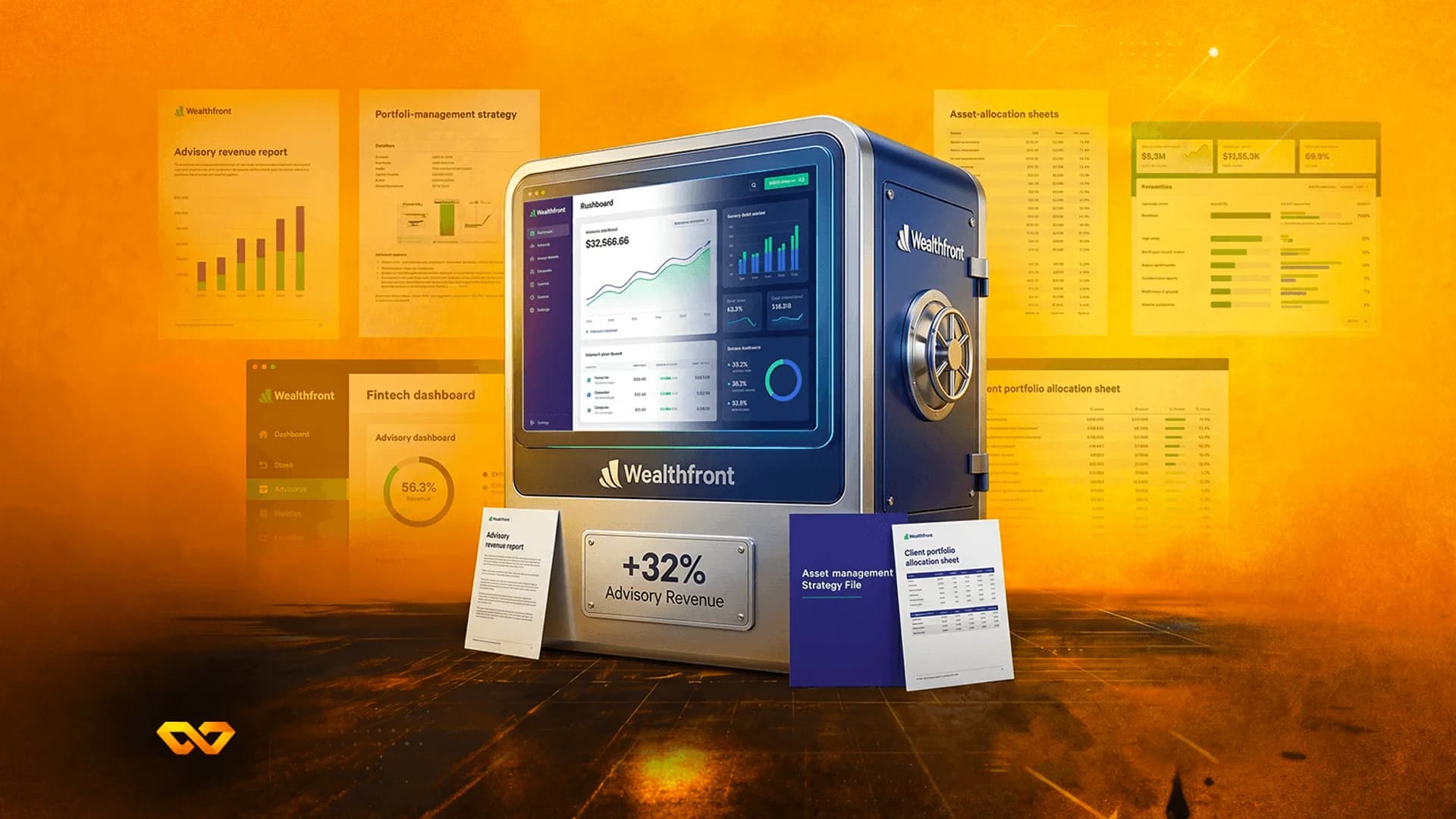 A blue digital safe with a Wealthfront dashboard screen, surrounded by floating financial charts on an orange background.