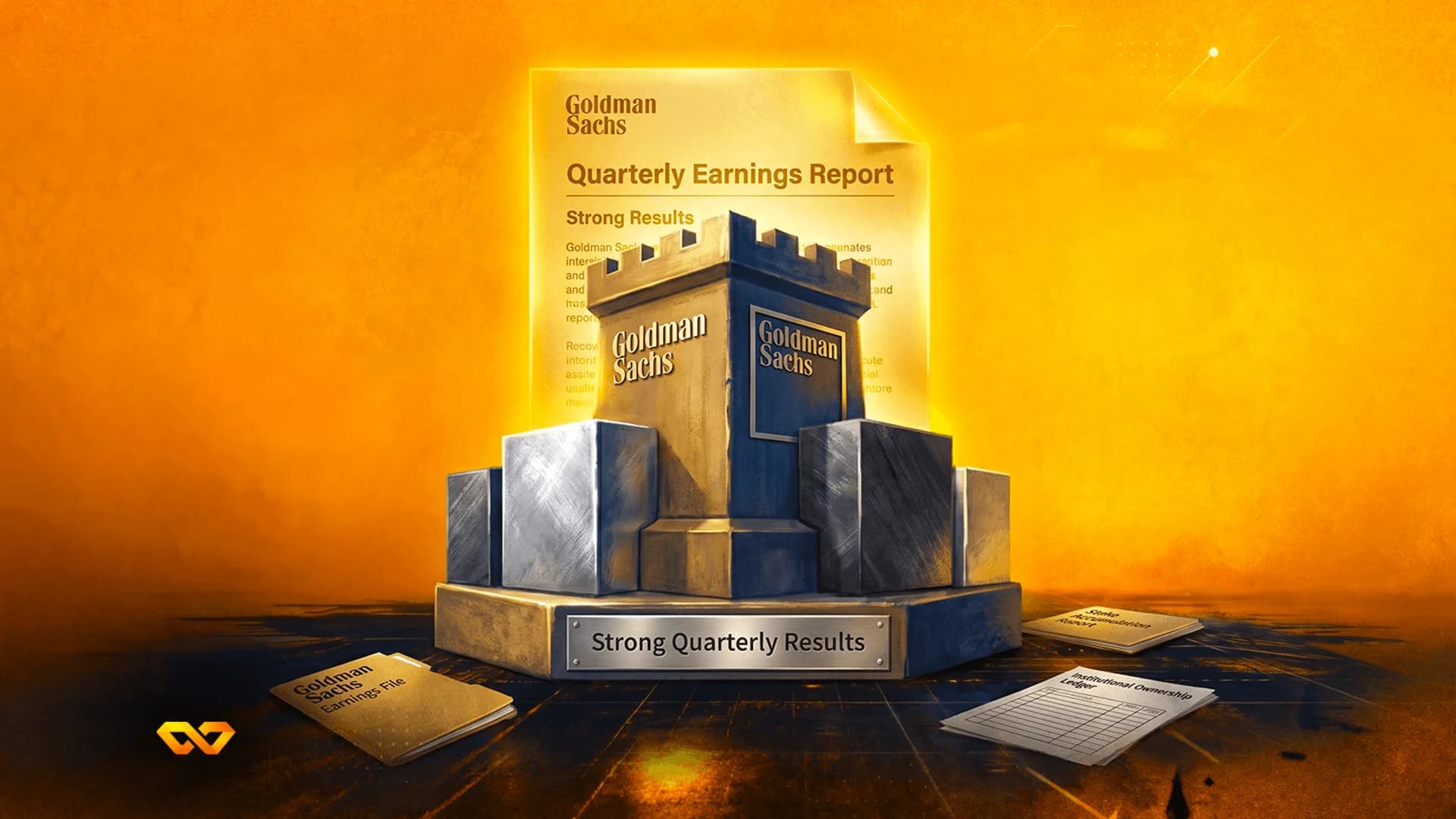 A stylized castle with the Goldman Sachs logo on a pedestal labeled 'Strong Quarterly Results' against an orange glow.