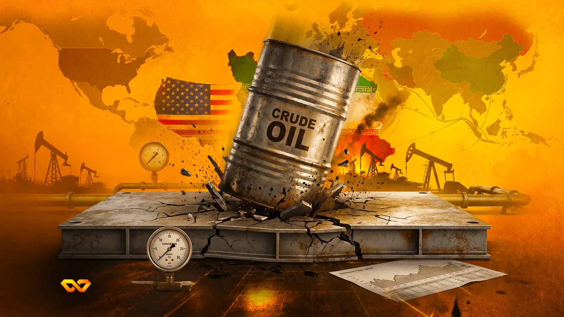 World map with commodities like oil, gold, coffee, wheat, and metals, overlaid with an upward green arrow and financial charts.