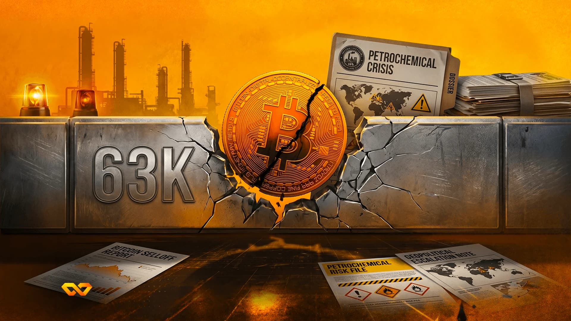 A cracked Bitcoin coin embedded in a metal wall with '63K' text, surrounded by reports on a dark surface.