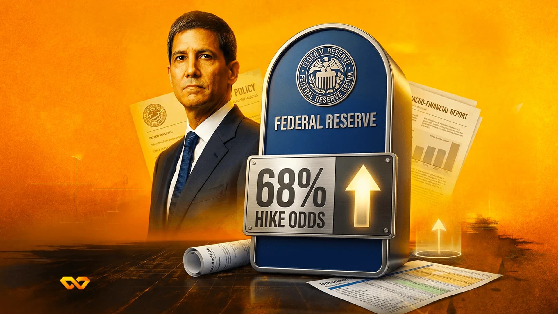 Man in a suit beside a Federal Reserve sign indicating 68% hike odds with an upward arrow on an orange background.