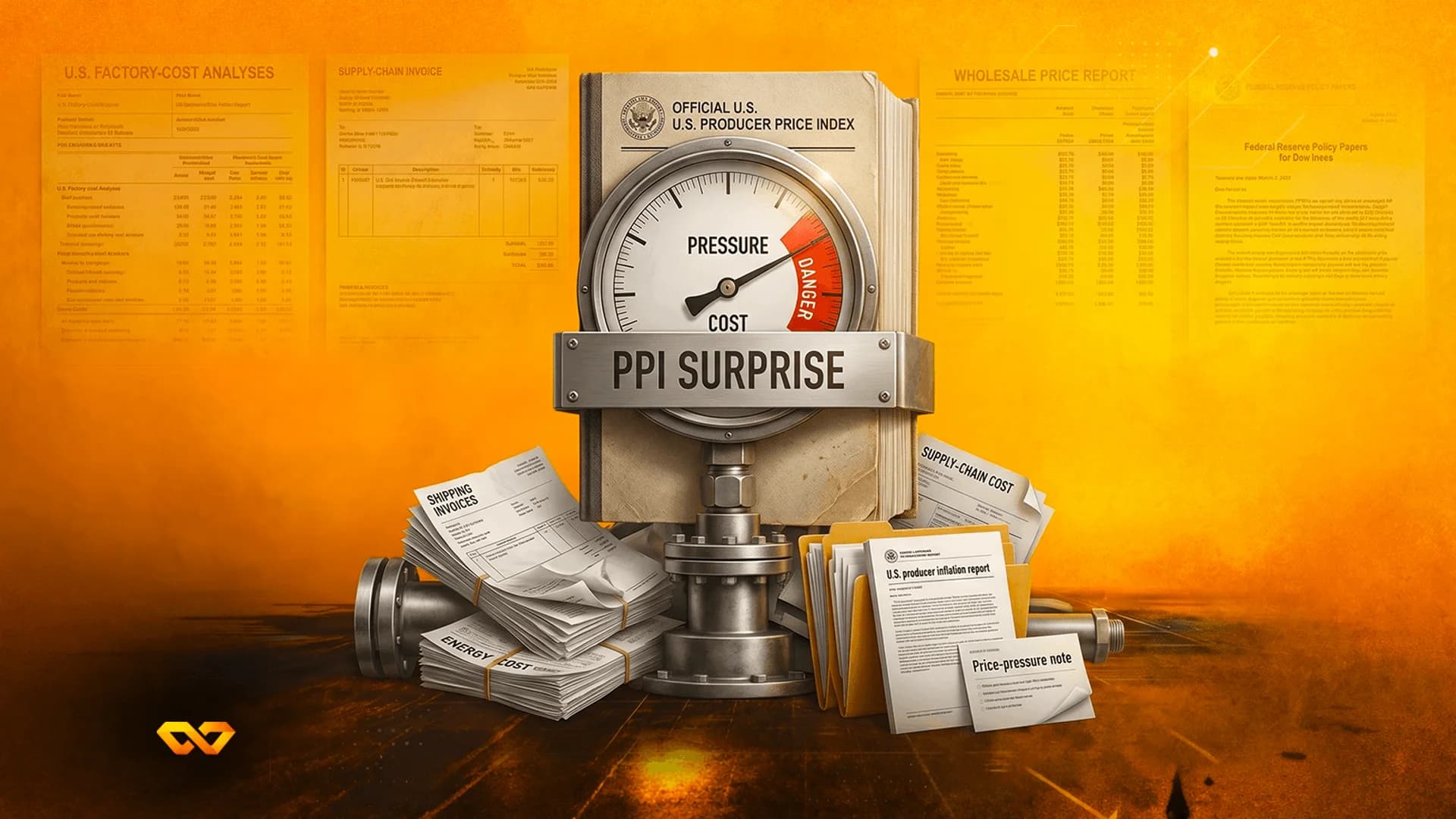 A pressure gauge on a book titled 'U.S. Producer Price Index' surrounded by financial documents on an orange background.