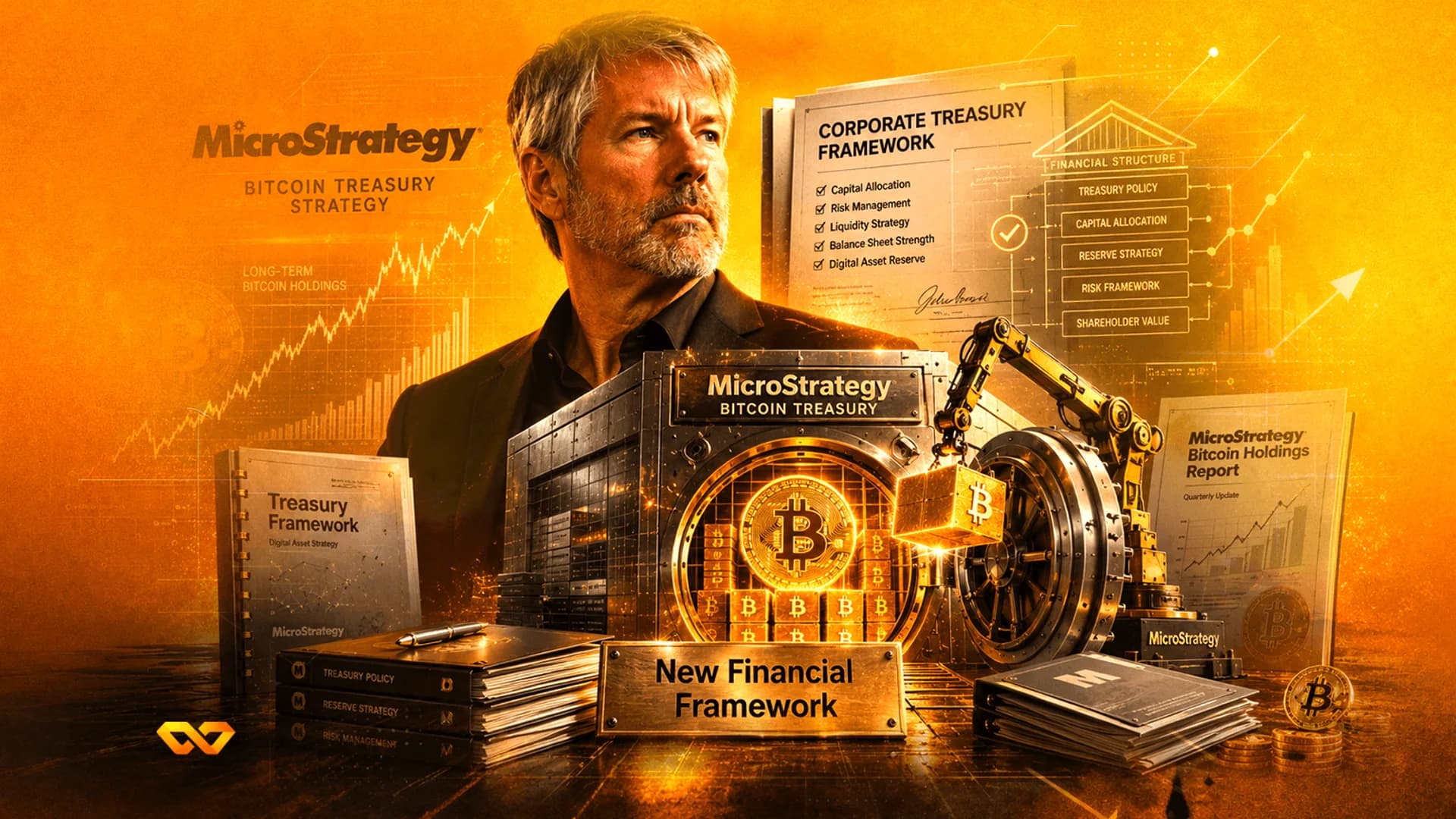 Michael Saylor stands behind a Bitcoin vault and financial documents with MicroStrategy branding in a golden hue.