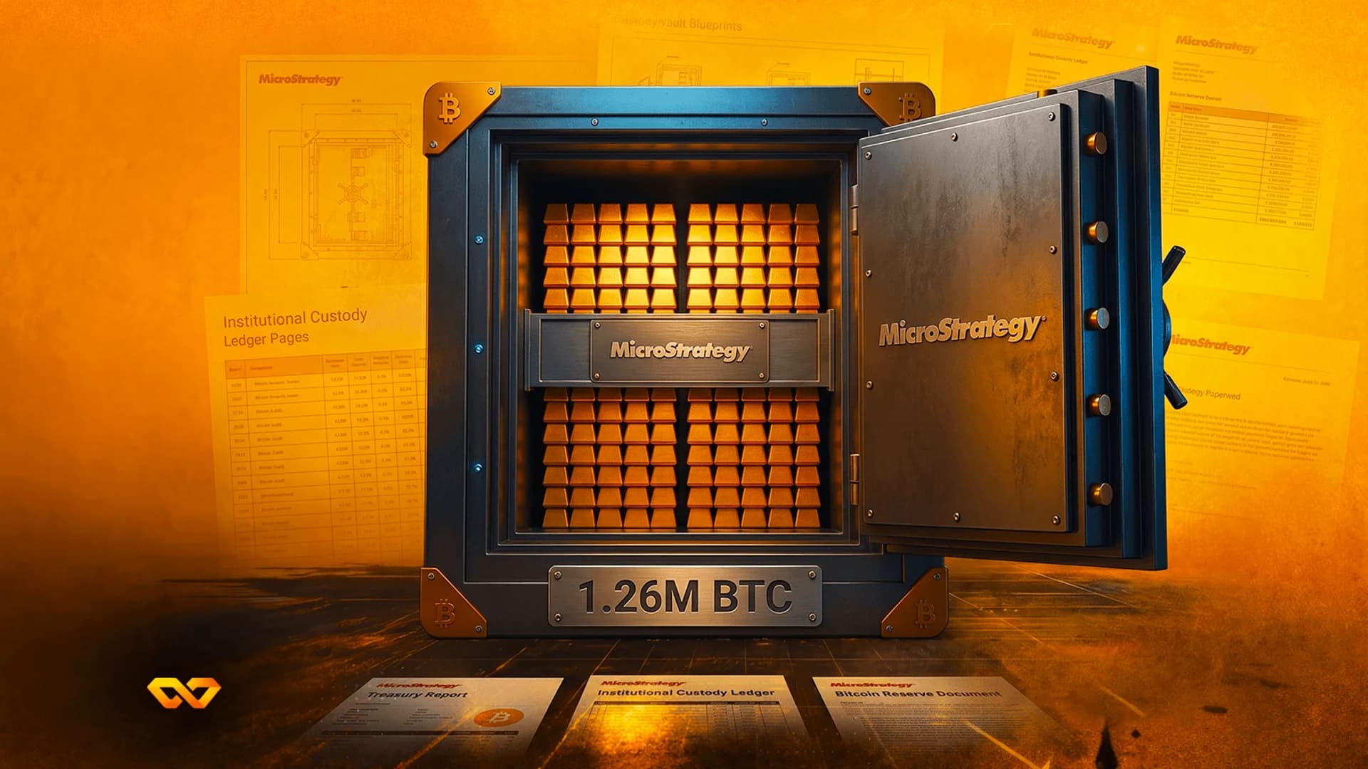 Open safe filled with gold bars, branded with MicroStrategy logo and 1.26M BTC text, on an orange background.