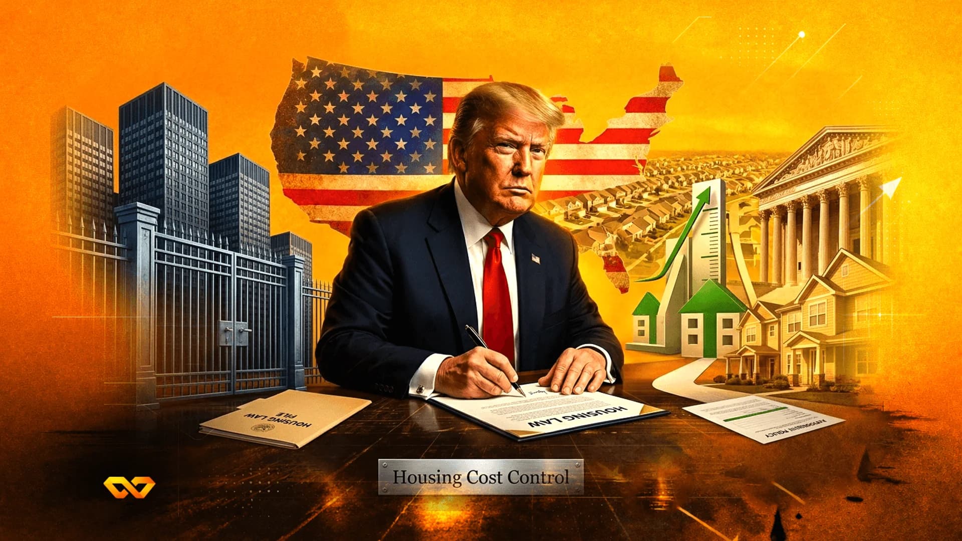 Donald Trump signing a 'Housing Law' document at a desk, with a US map flag and suburban houses in the background.
