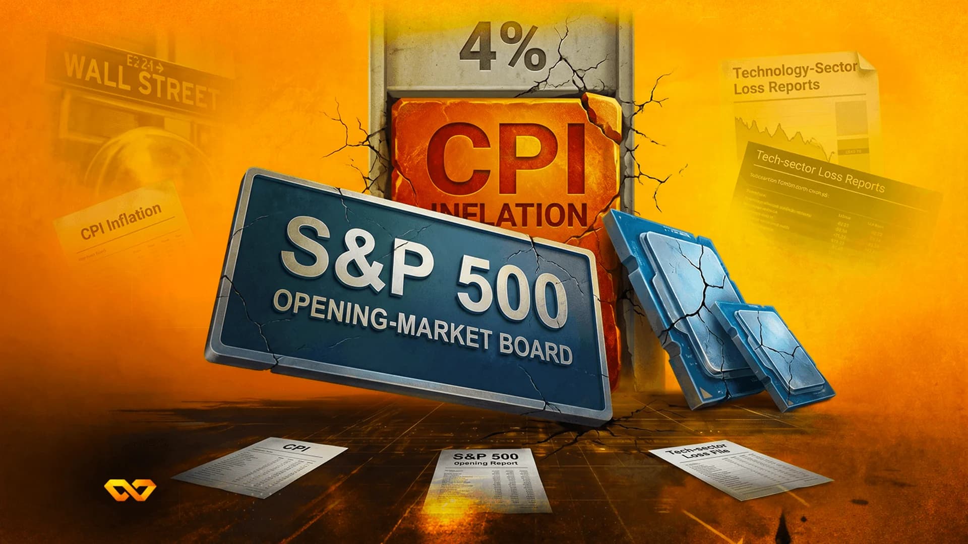 رسم رقمي للوحات متصدعة لمؤشر S&P 500 وتضخم أسعار المستهلكين على خلفية برتقالية مع تقارير السوق.