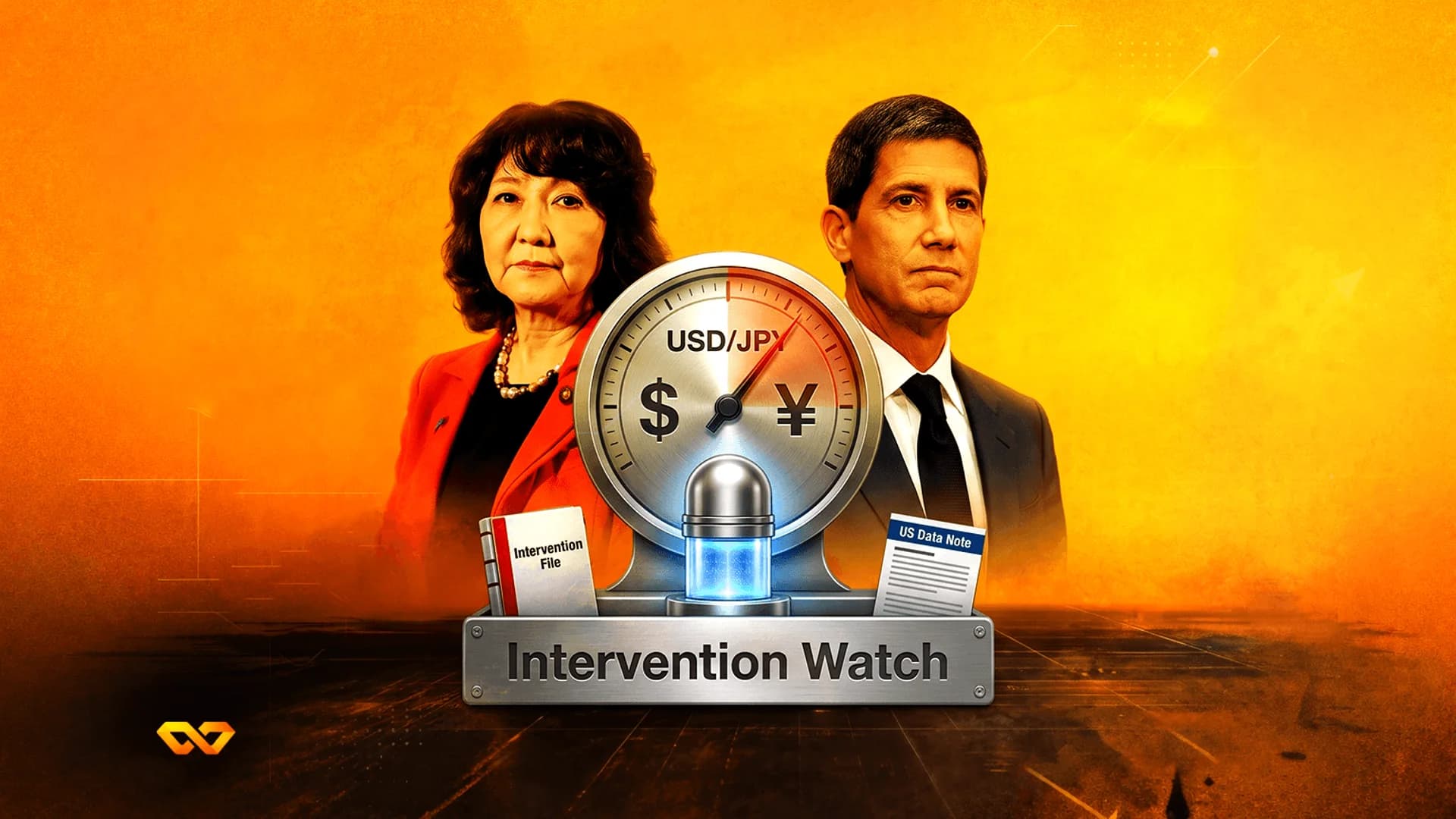 Portraits of two officials behind a USD/JPY gauge and a plaque reading "Intervention Watch" on an orange background.