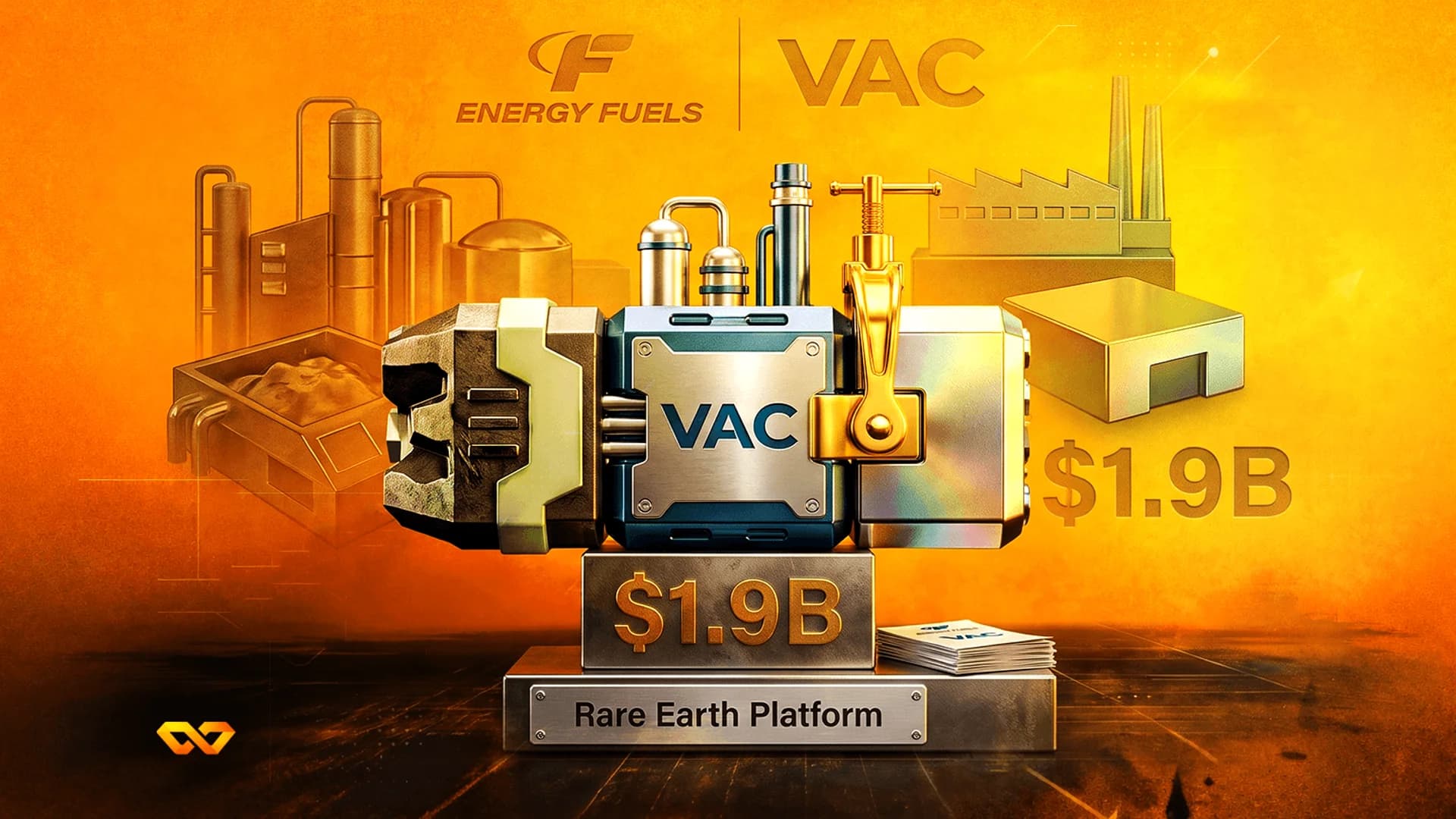 رسم توضيحي صناعي مع شعارات Energy Fuels وVAC، وجهاز ميكانيكي على منصة مكتوب عليها 1.9 مليار دولار.